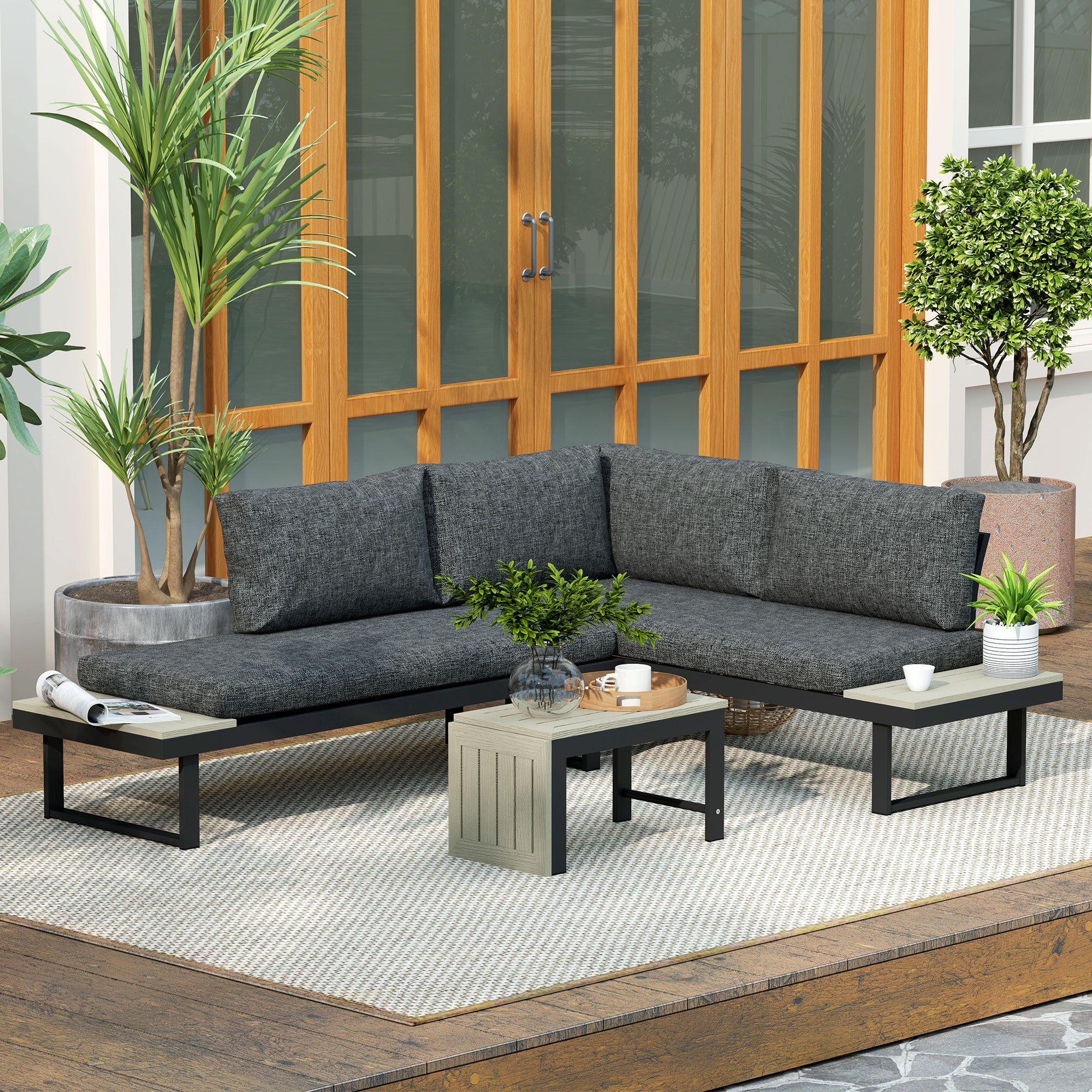 Outsunny 4 Seater L-Shaped Aluminium Garden Set with Coffee Table