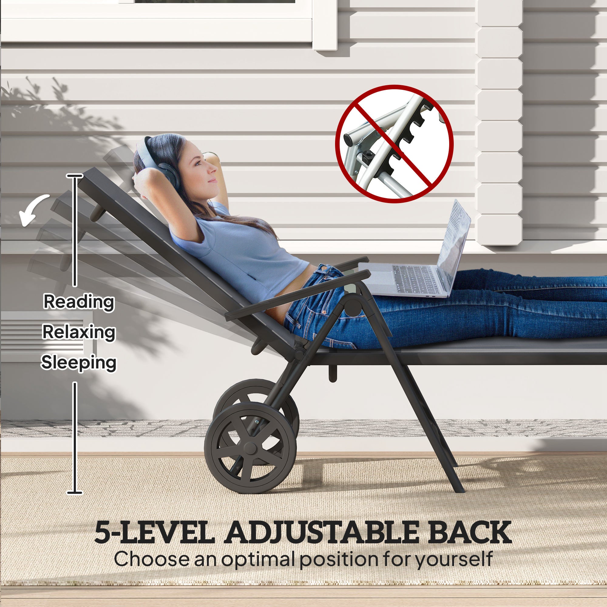 Outsunny Folding Sun Lounger with Wheels, 5-Position, Grey
