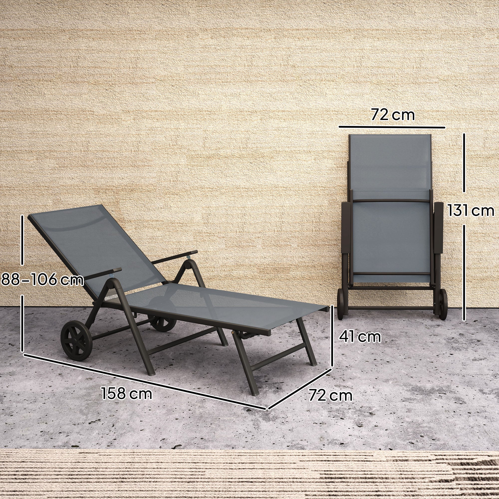 Outsunny Folding Sun Lounger with Wheels, 5-Position, Grey
