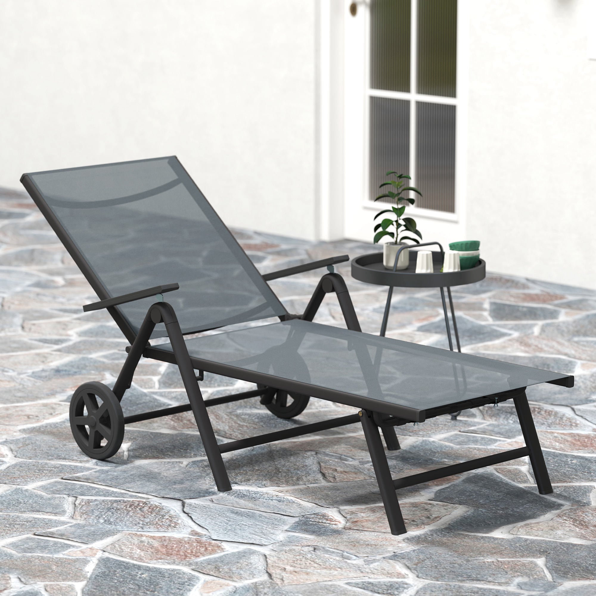 Outsunny Folding Sun Lounger with Wheels, 5-Position, Grey