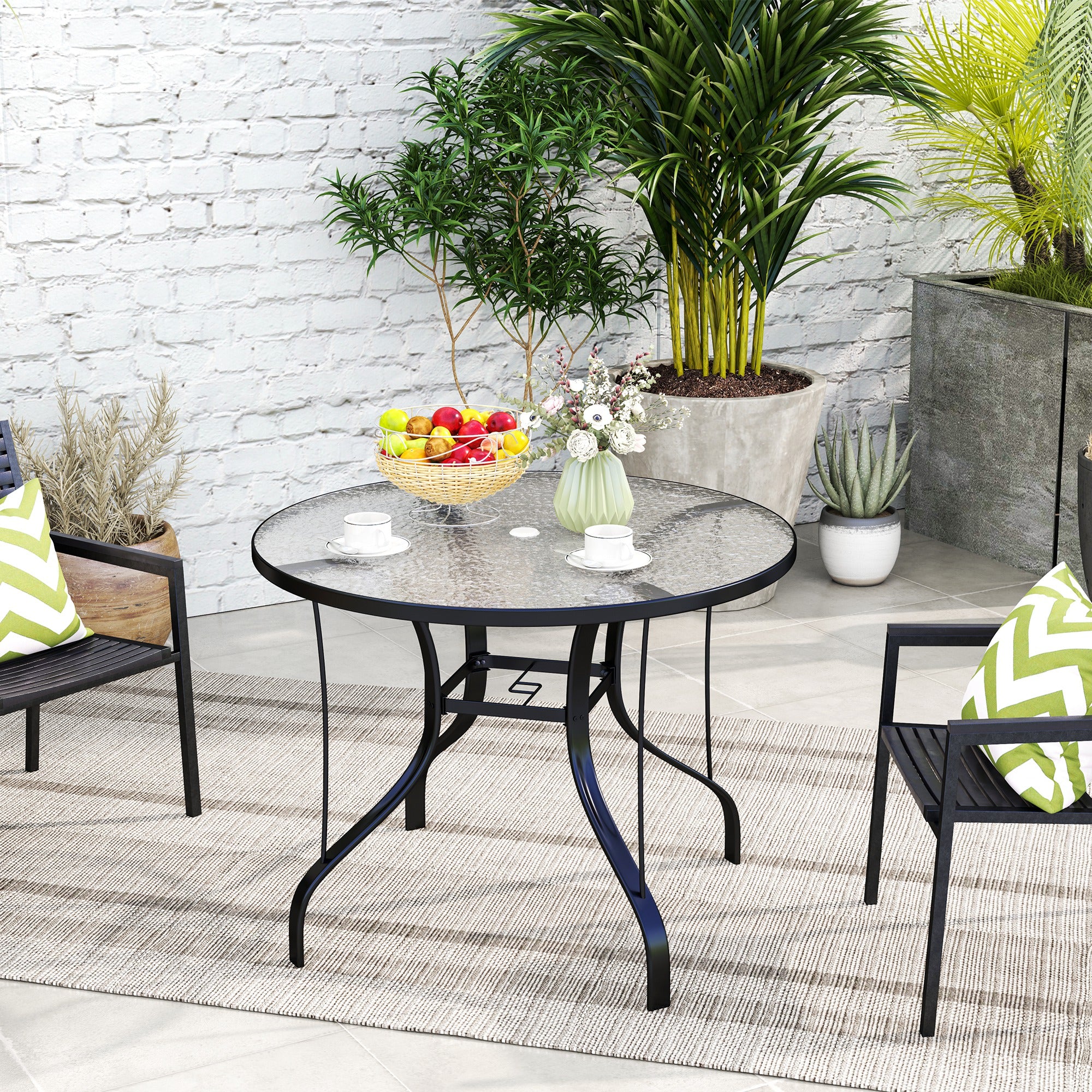 Outsunny Round Outdoor Dining Table with Parasol Hole, Tempered Glass