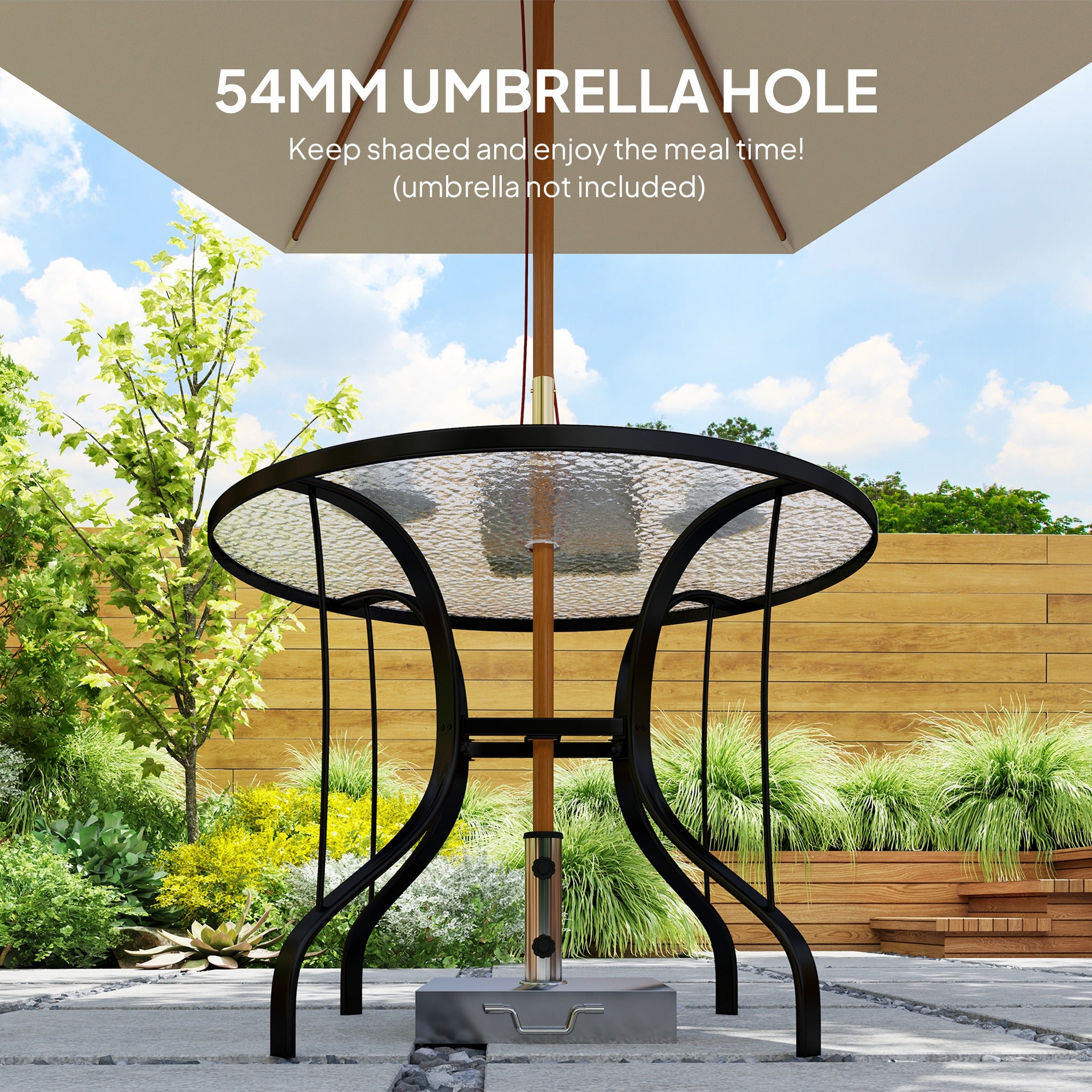 Outsunny Round Outdoor Dining Table with Parasol Hole, Tempered Glass