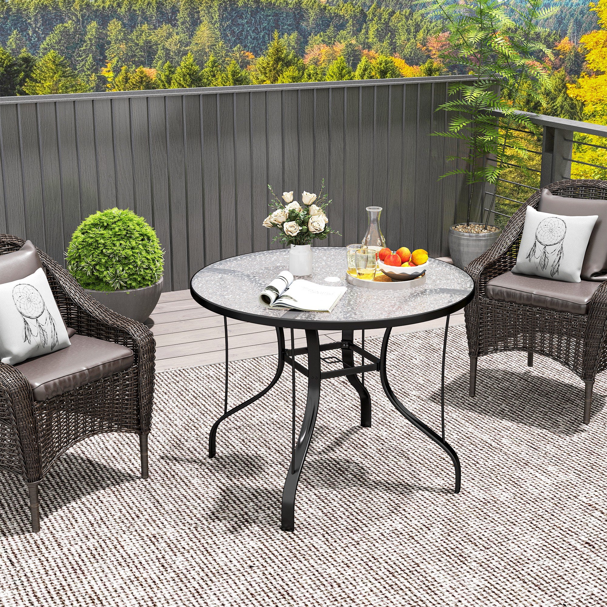 Outsunny Round Outdoor Dining Table with Parasol Hole, Tempered Glass