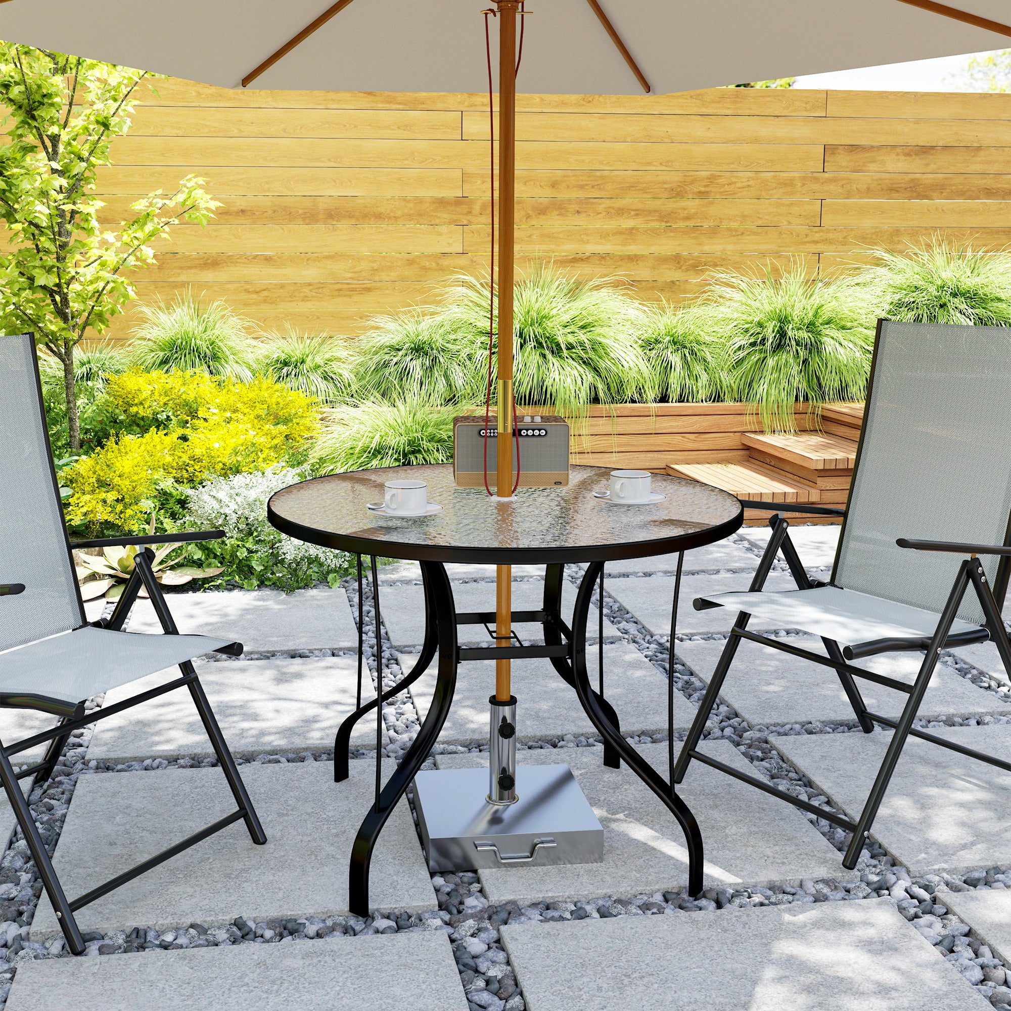 Outsunny Round Outdoor Dining Table with Parasol Hole, Tempered Glass