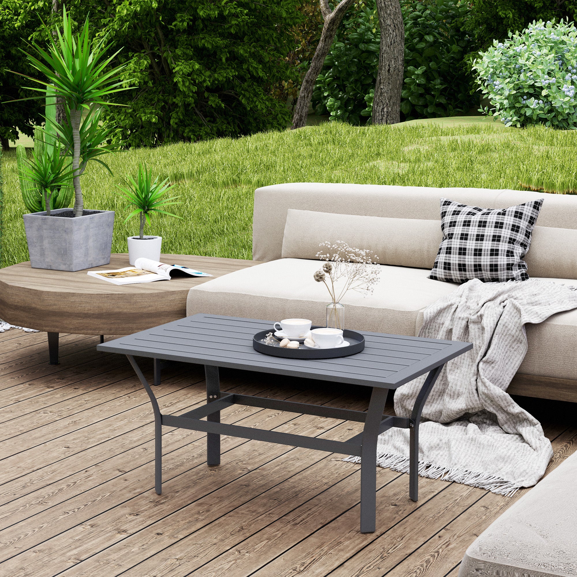 Outsunny Metal Garden Coffee Table with Slatted Top, Dark Grey