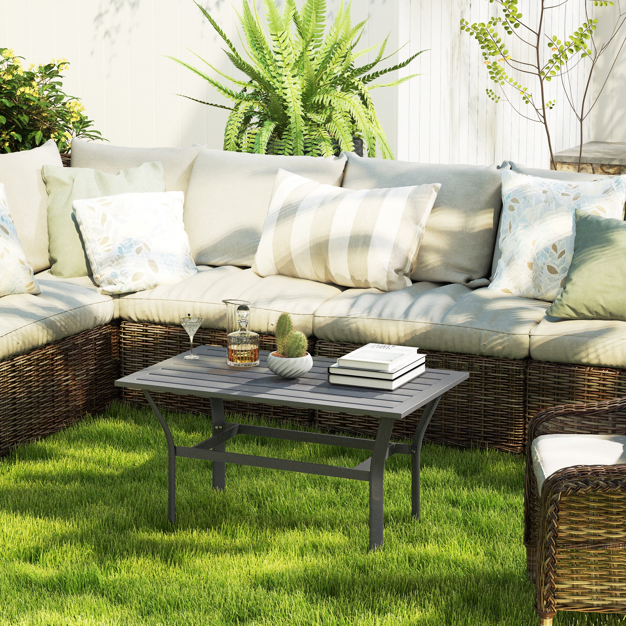 Outsunny Metal Garden Coffee Table with Slatted Top, Dark Grey