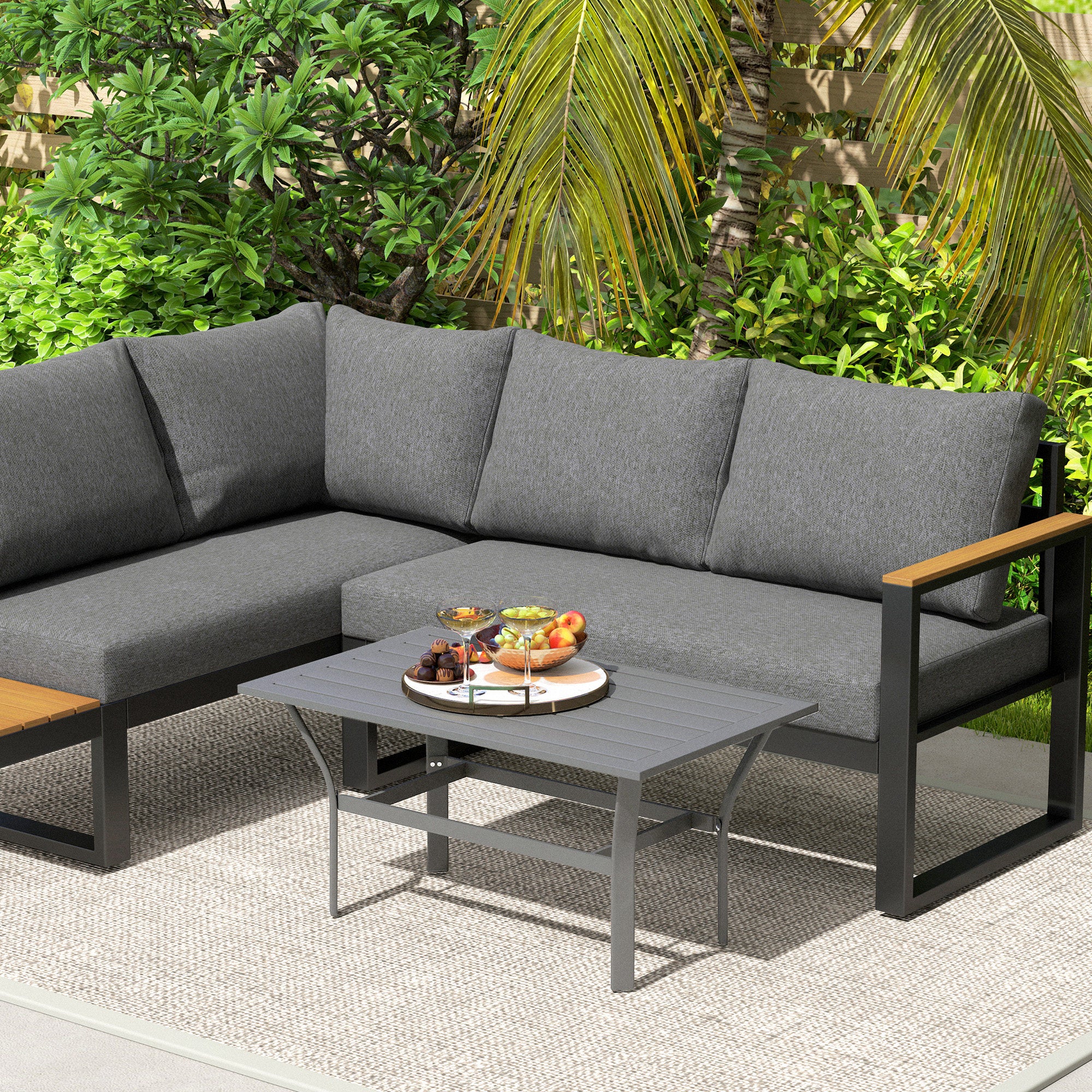Outsunny Metal Garden Coffee Table with Slatted Top, Dark Grey