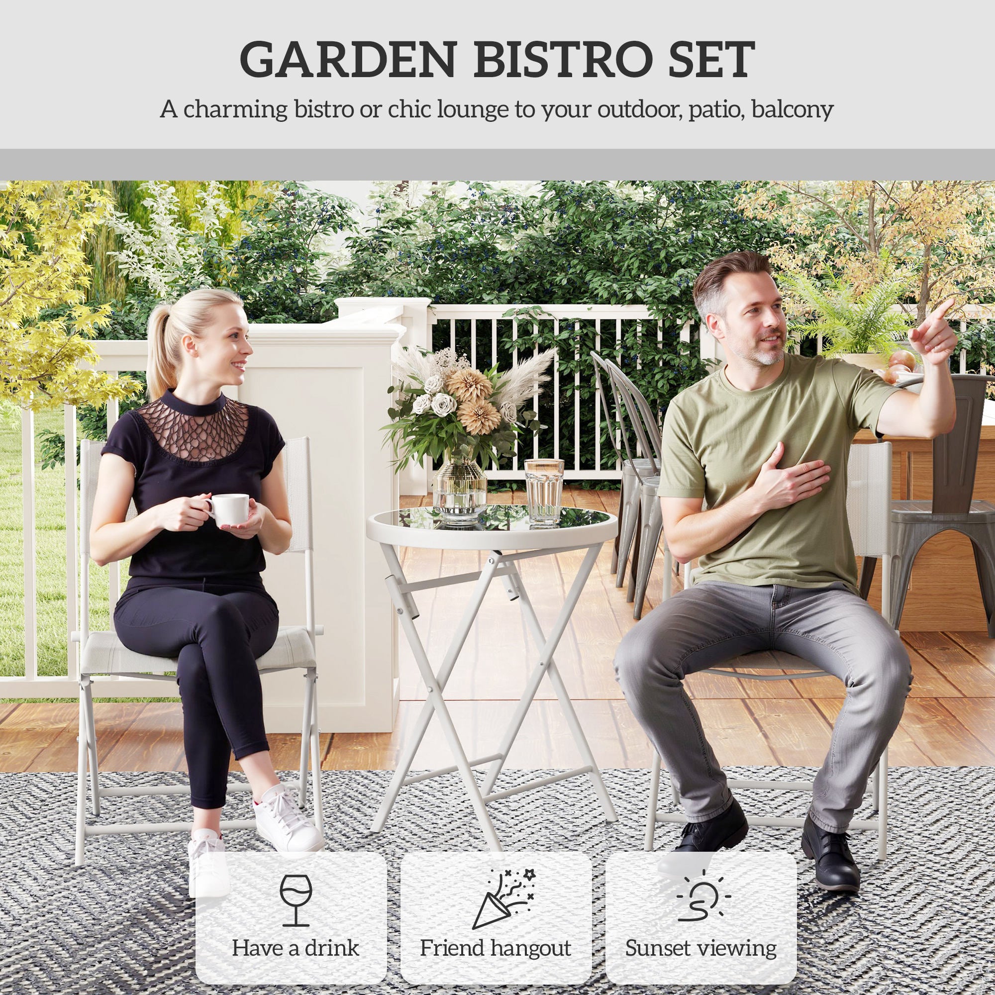 Outsunny 3-Piece Folding Outdoor Bistro Set, Glass Table, White