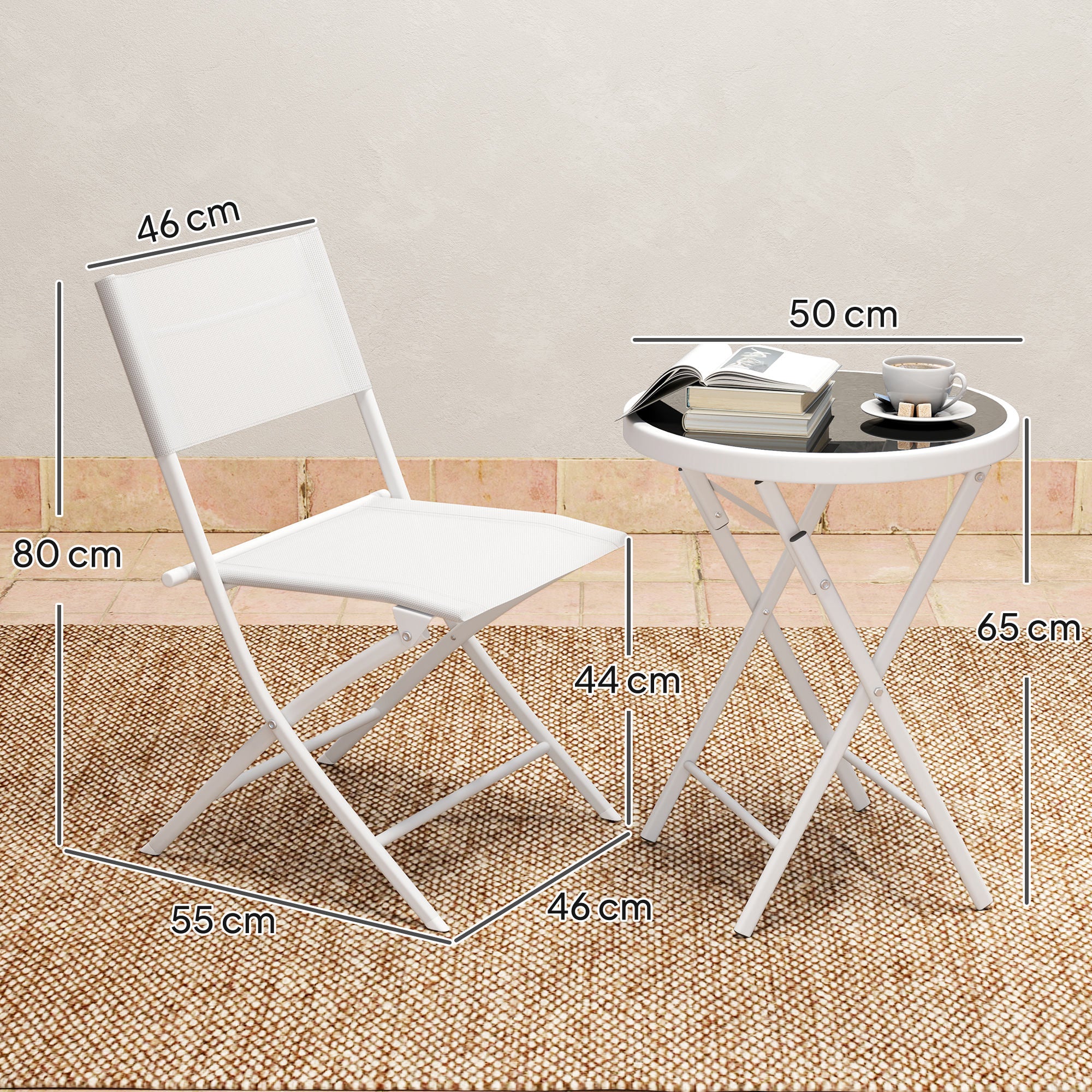 Outsunny 3-Piece Folding Outdoor Bistro Set, Glass Table, White