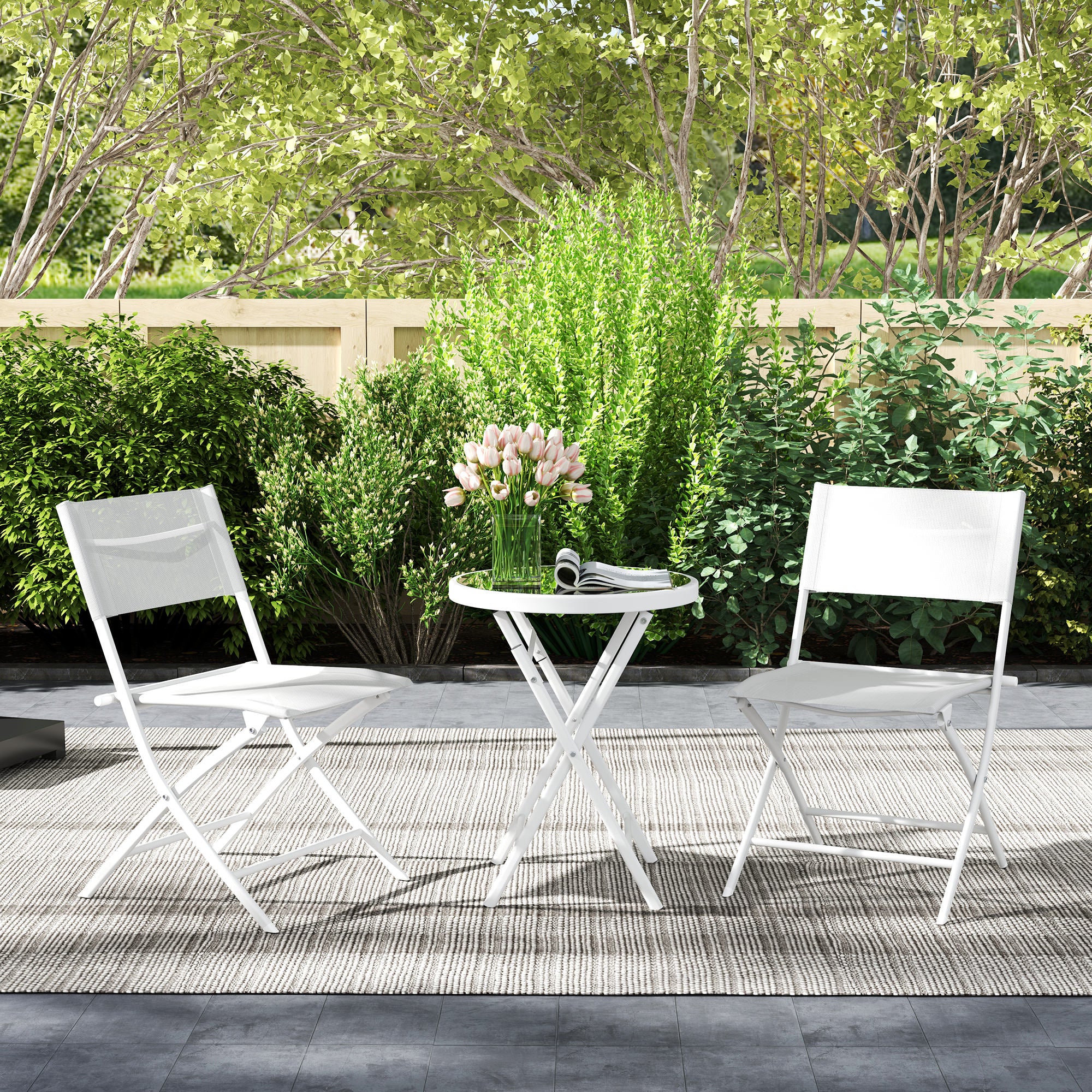 Outsunny 3-Piece Folding Outdoor Bistro Set, Glass Table, White