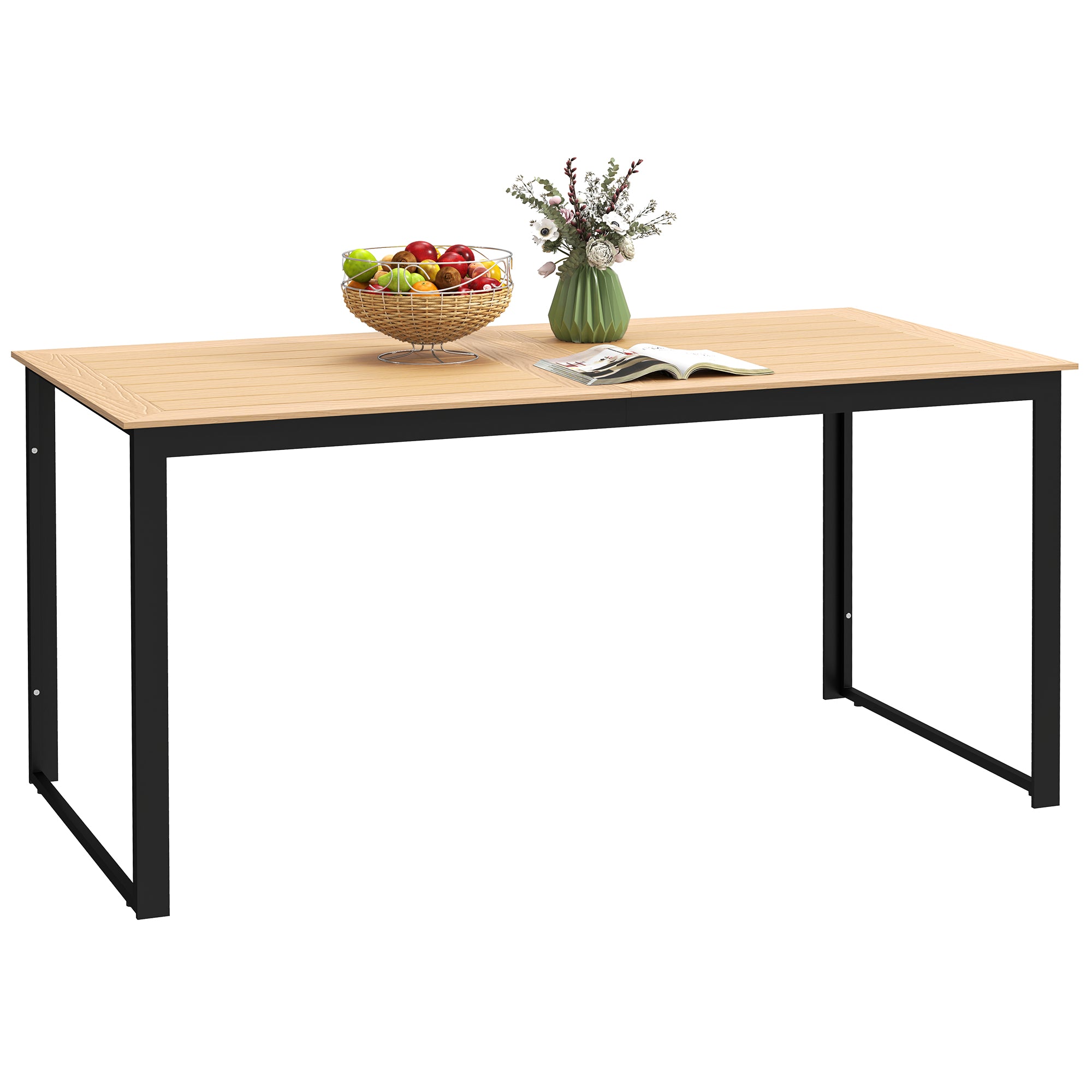 Outsunny 6-Seater Garden Table, Slatted Top, Metal Frame, Teak