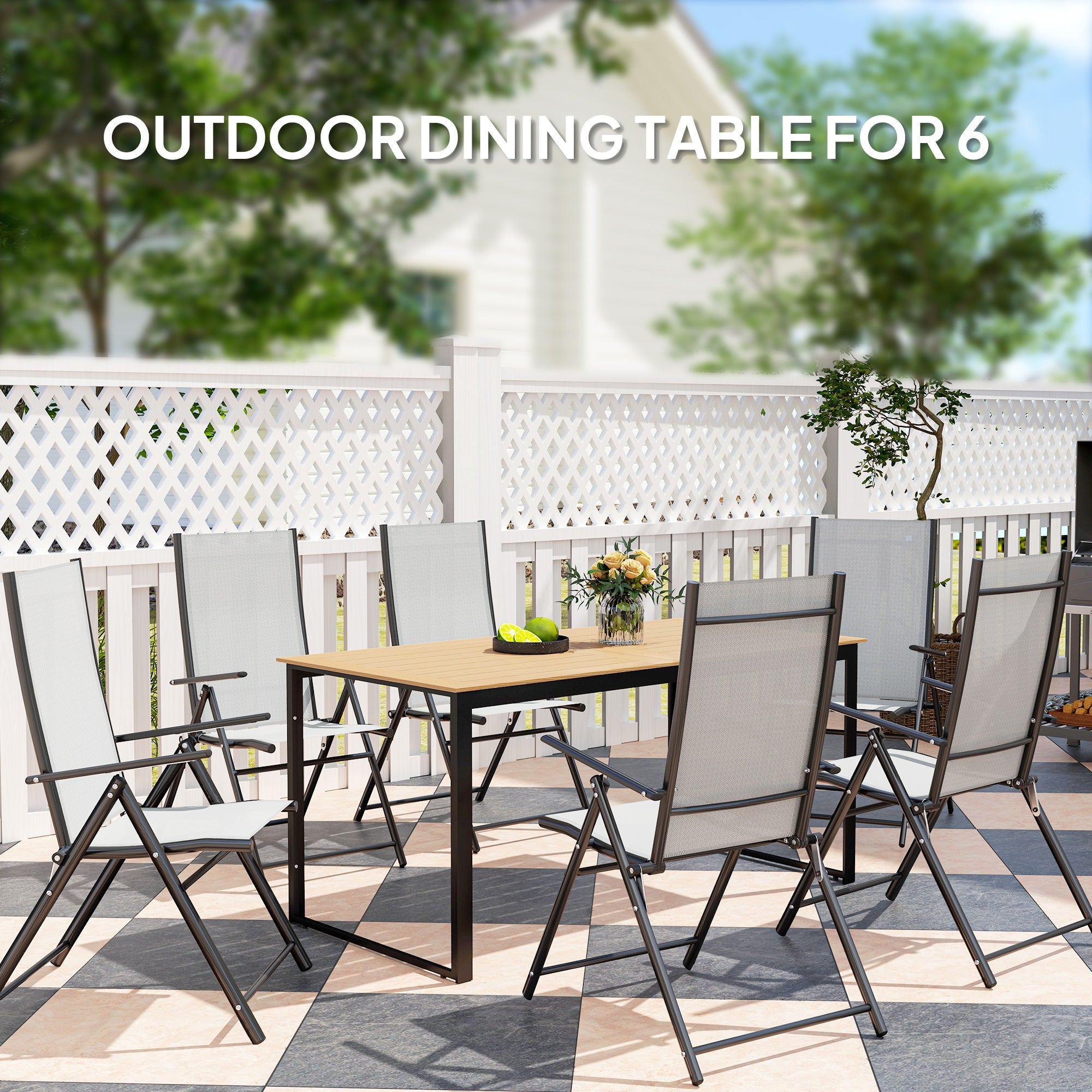 Outsunny 6-Seater Garden Table, Slatted Top, Metal Frame, Teak