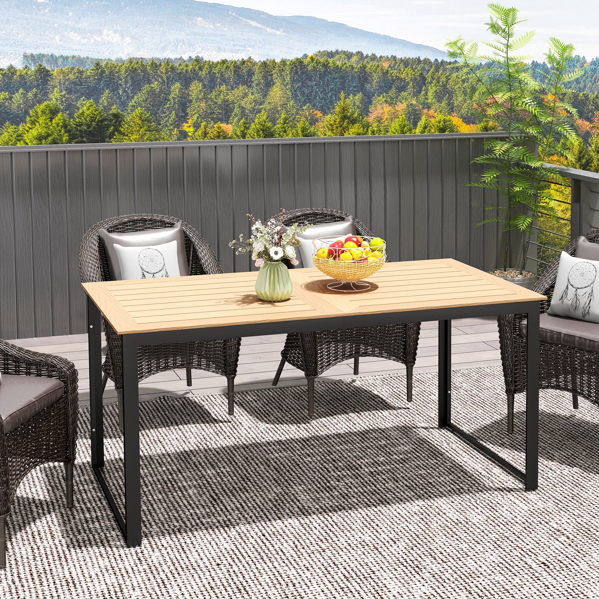 Outsunny 6-Seater Garden Table, Slatted Top, Metal Frame, Teak