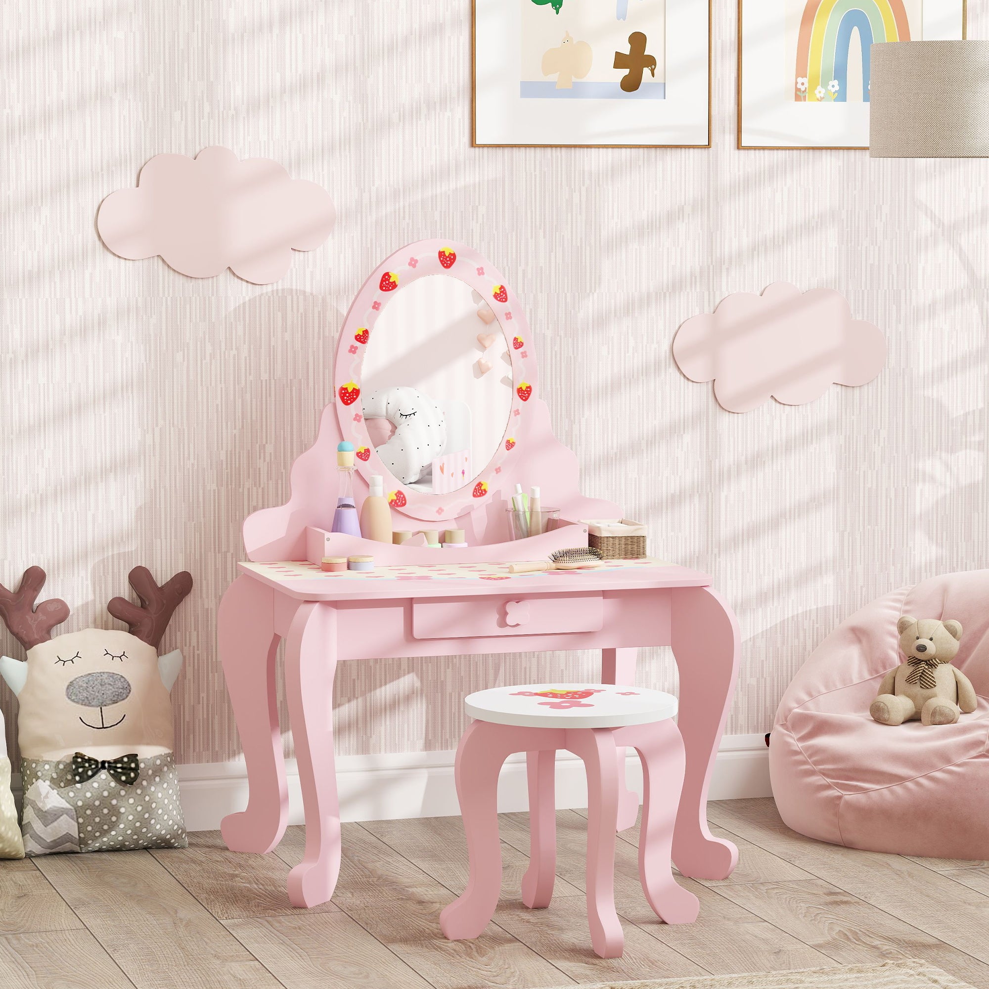 AIYAPLAY Kids Vanity Table Set with Stool and Mirror