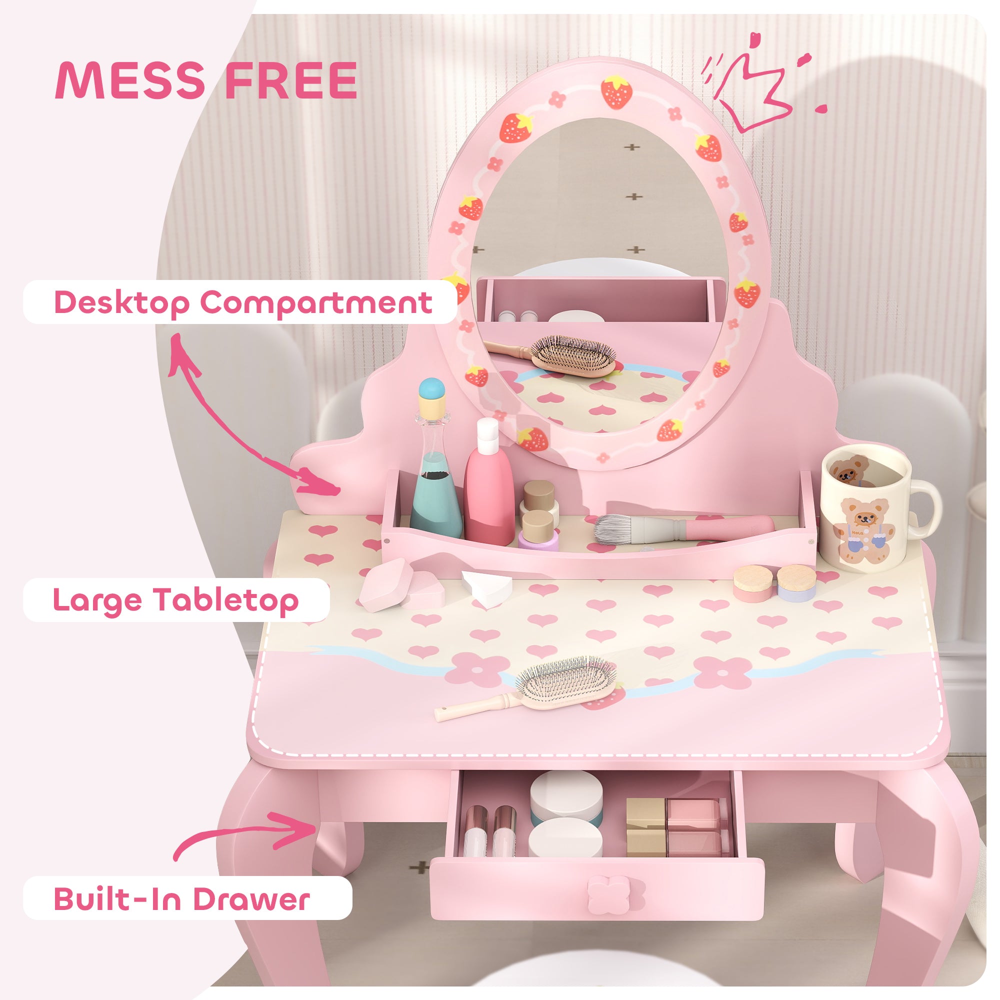 AIYAPLAY Kids Vanity Table Set with Stool and Mirror