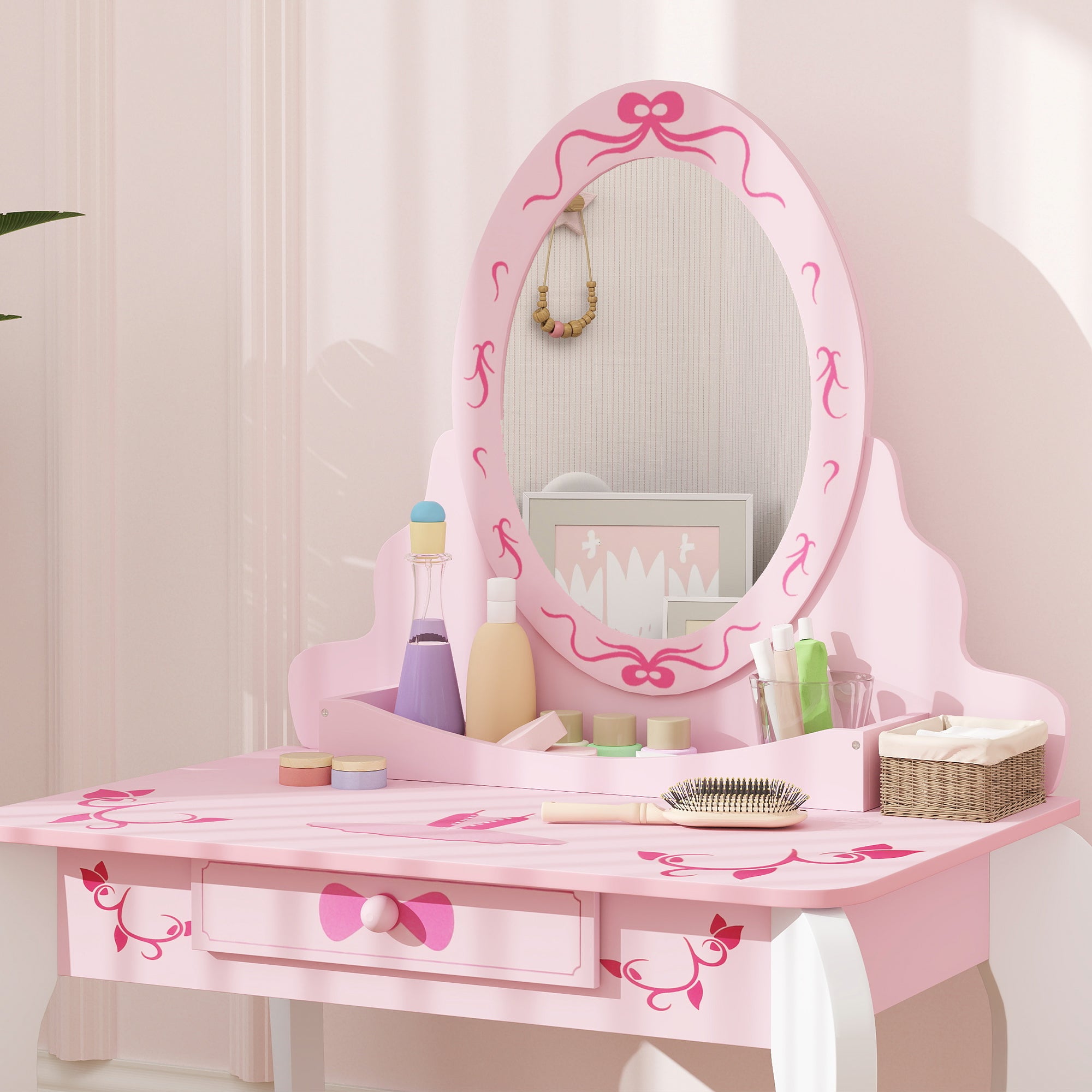 Kids Ballet Print Vanity Set with Mirror, Stool and Storage