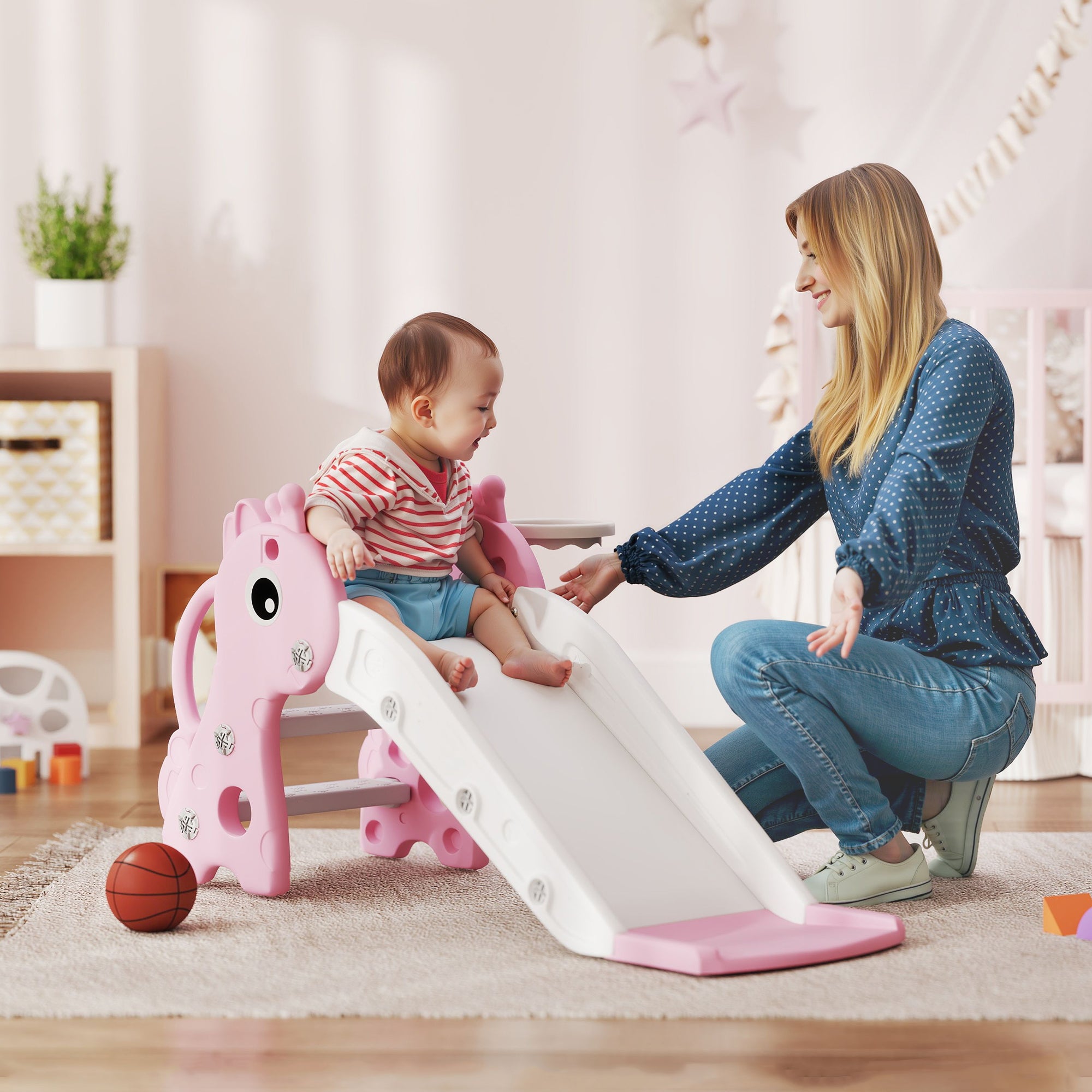 AIYAPLAY 3-in-1 Kids Slide Climber with Basketball Hoop, Pink