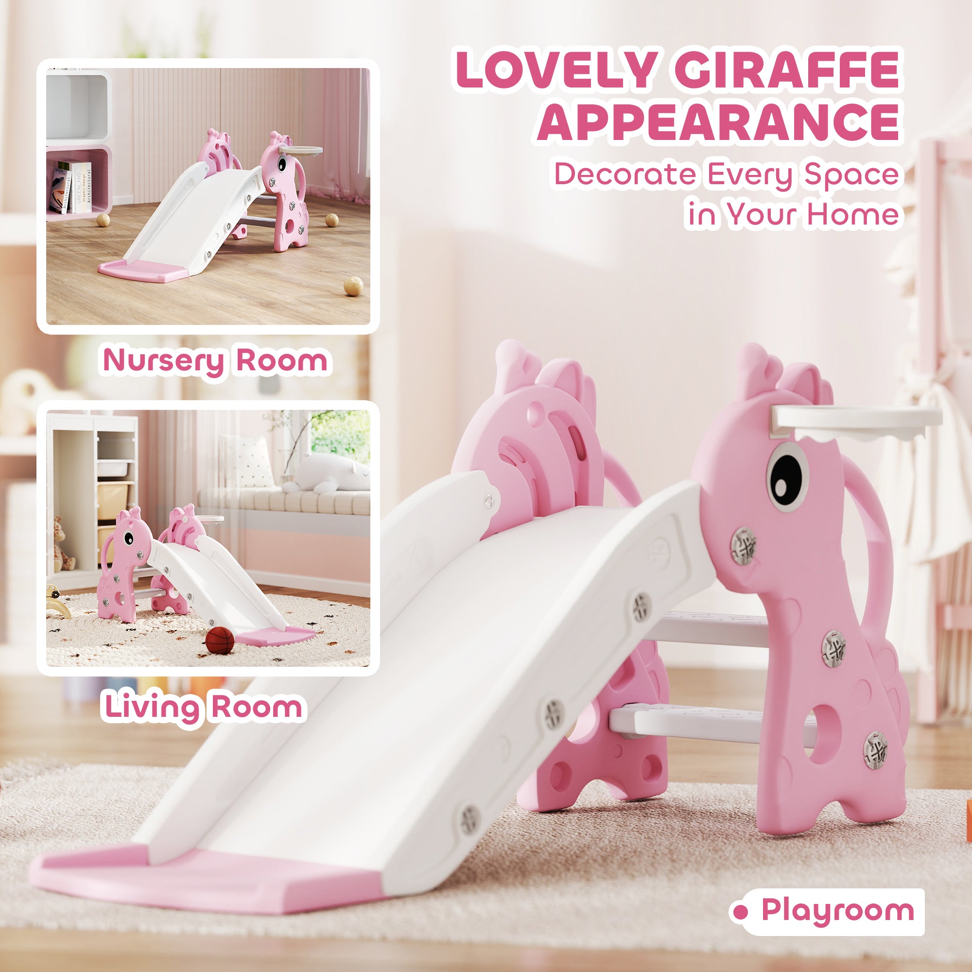 AIYAPLAY 3-in-1 Kids Slide Climber with Basketball Hoop, Pink