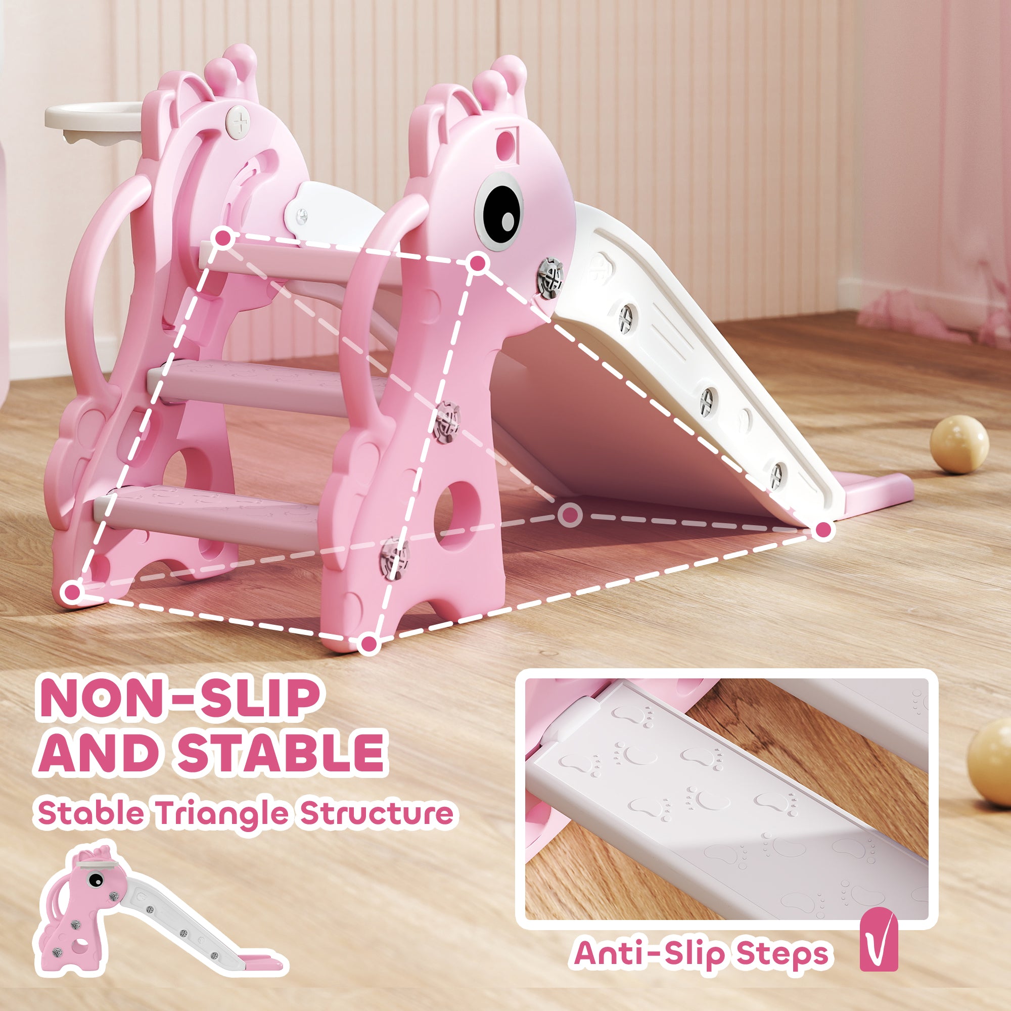 AIYAPLAY 3-in-1 Kids Slide Climber with Basketball Hoop, Pink