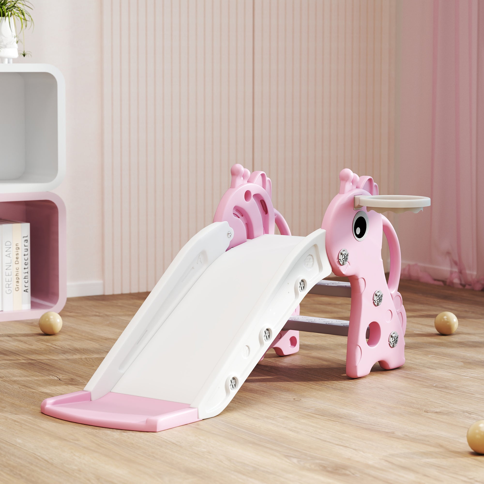 AIYAPLAY 3-in-1 Kids Slide Climber with Basketball Hoop, Pink