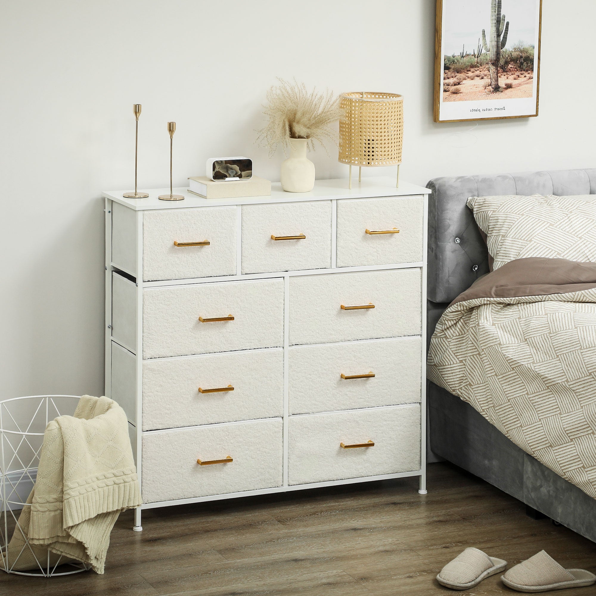 Cream White 9-Drawer Storage Unit with Boucle Fabric & Steel Frame
