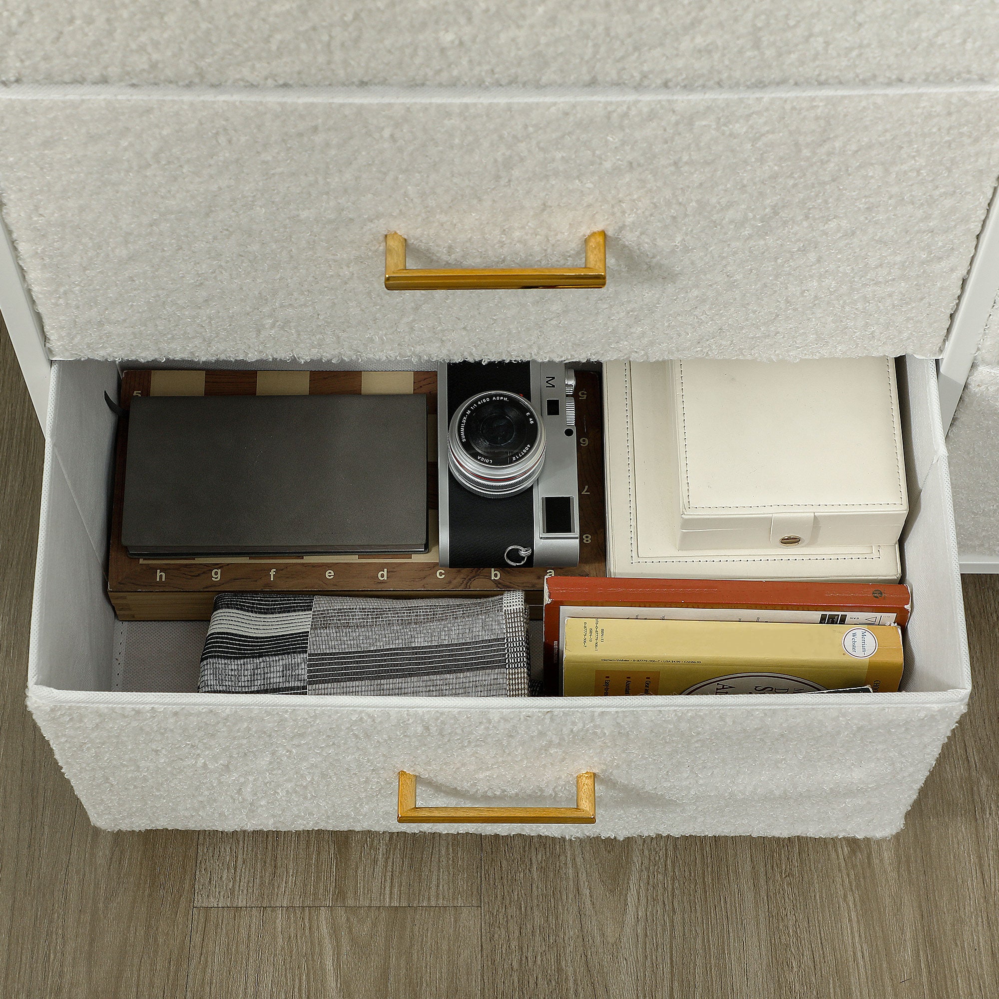 Cream White 9-Drawer Storage Unit with Boucle Fabric & Steel Frame