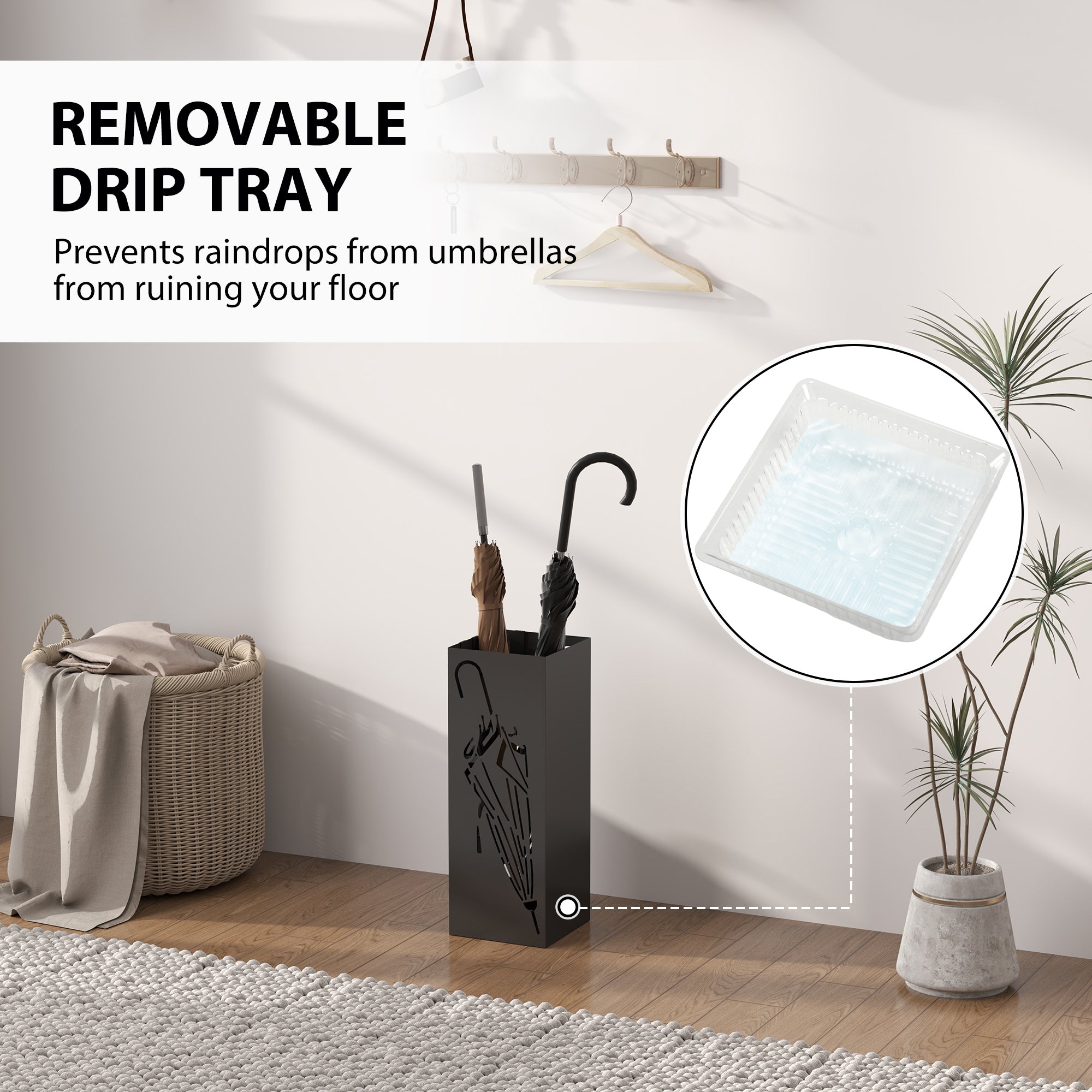 HOMCOM Black Square Umbrella Stand with Hooks and Drip Tray