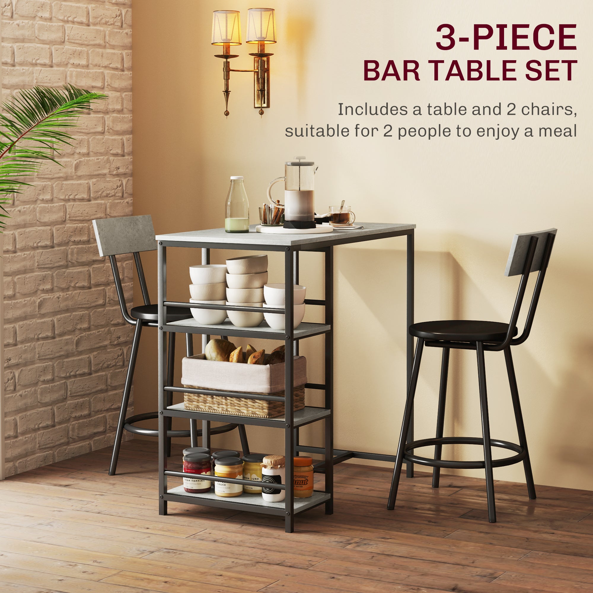 HOMCOM Light Grey 3-Piece Space-Saving Dining Set with Shelves