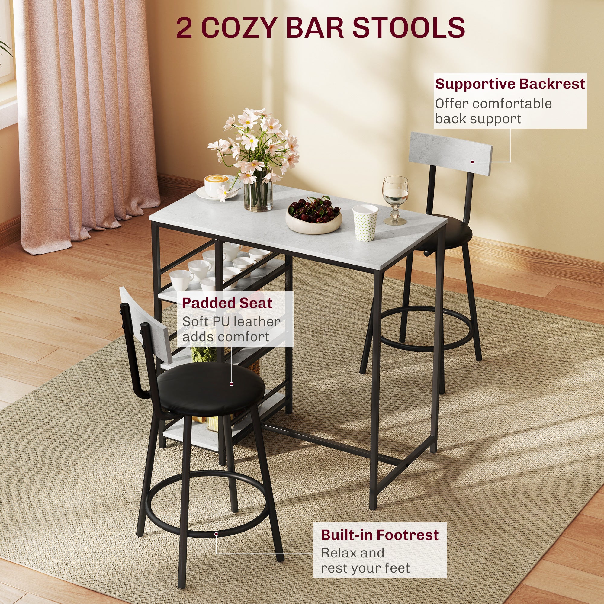 HOMCOM Light Grey 3-Piece Space-Saving Dining Set with Shelves