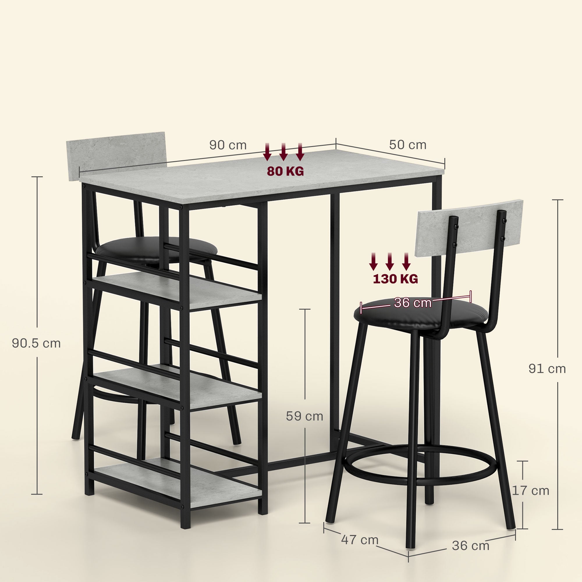 HOMCOM Light Grey 3-Piece Space-Saving Dining Set with Shelves