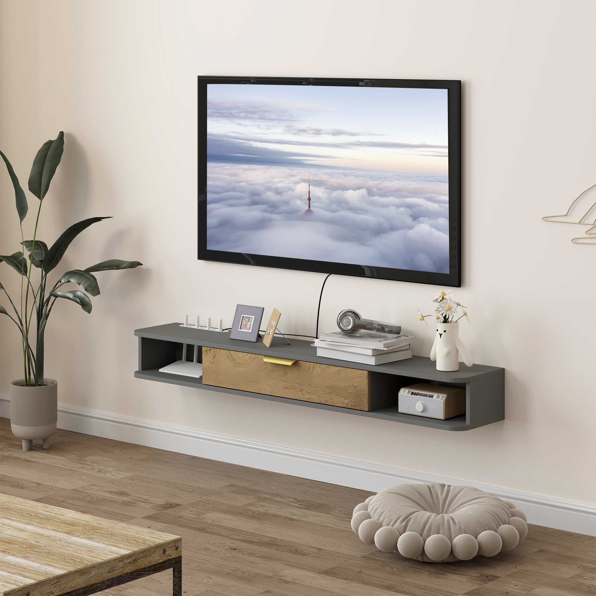 HOMCOM 140cm Wall-Mounted Floating TV Unit with Storage, Grey