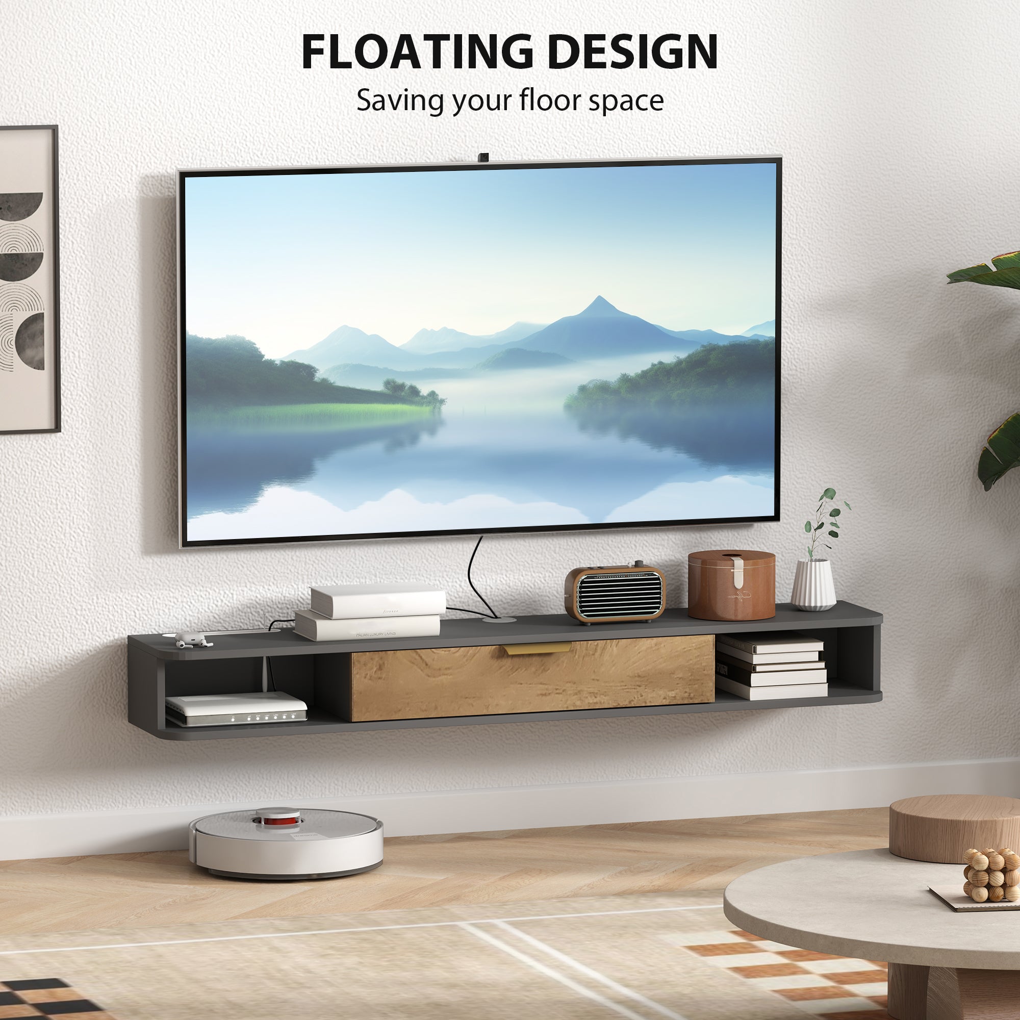 HOMCOM 140cm Wall-Mounted Floating TV Unit with Storage, Grey