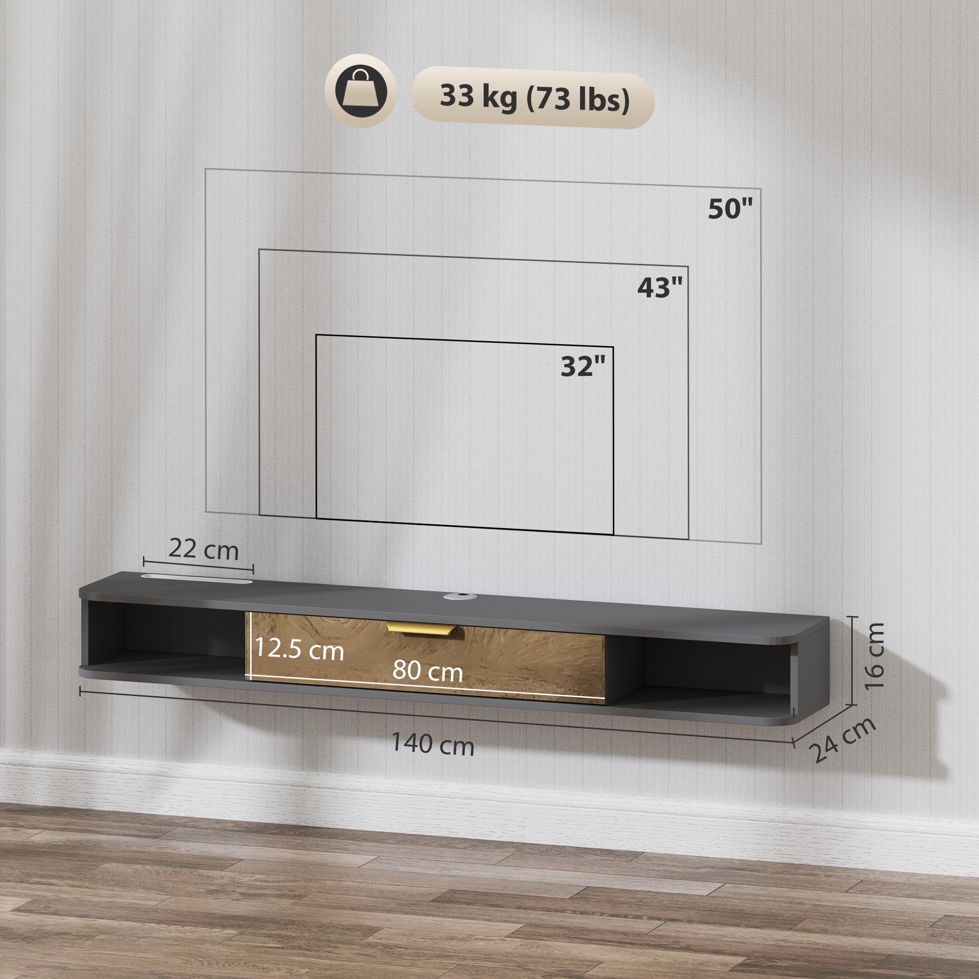 HOMCOM 140cm Wall-Mounted Floating TV Unit with Storage, Grey