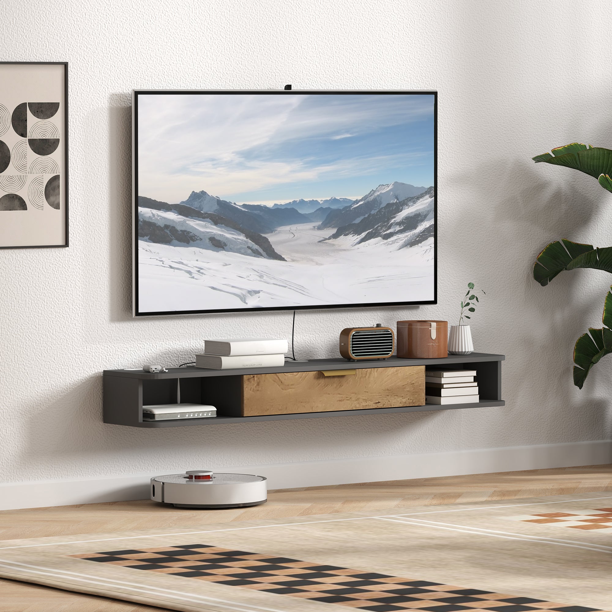 HOMCOM 140cm Wall-Mounted Floating TV Unit with Storage, Grey