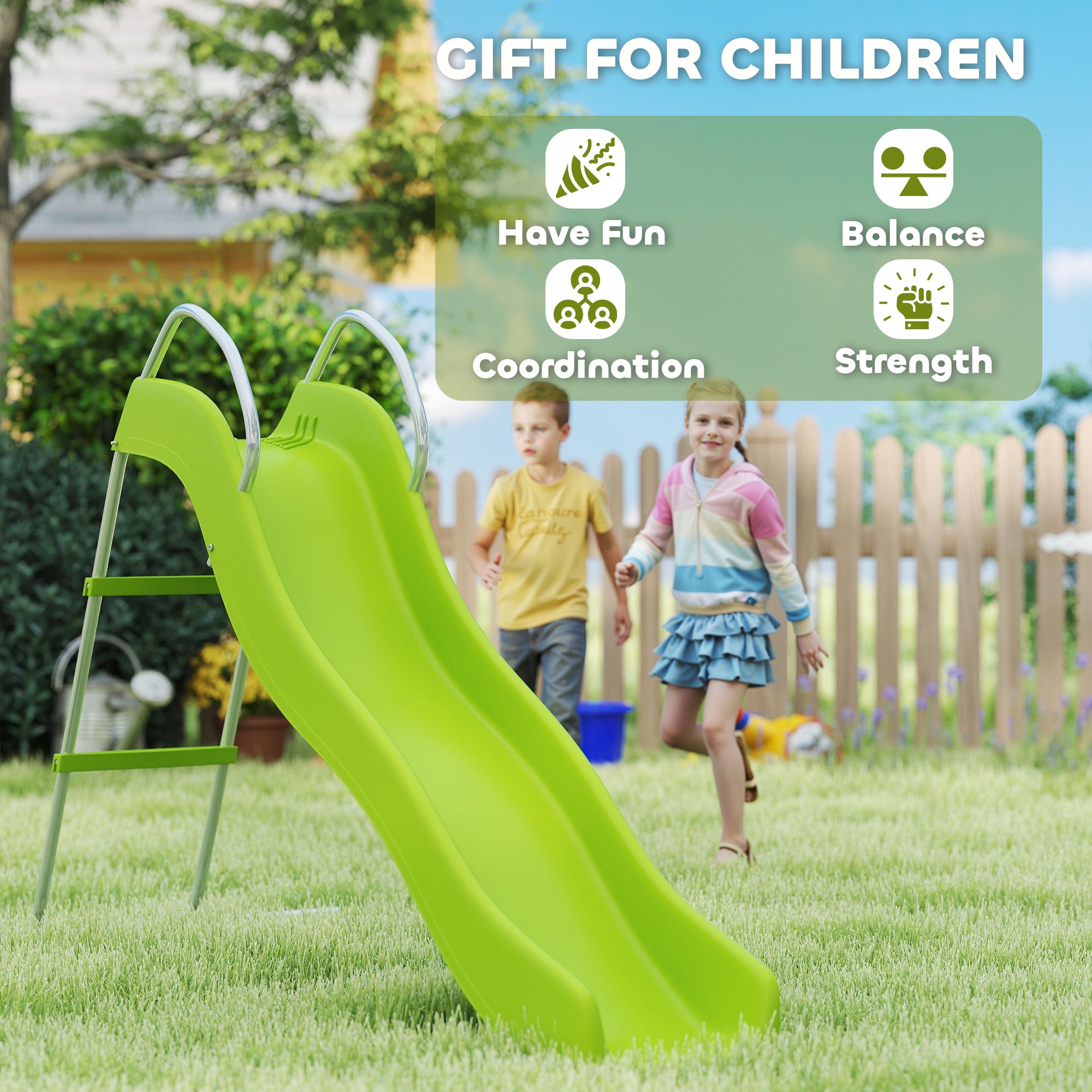 AIYAPLAY Freestanding Kids Wavy Slide with Ladder, Green