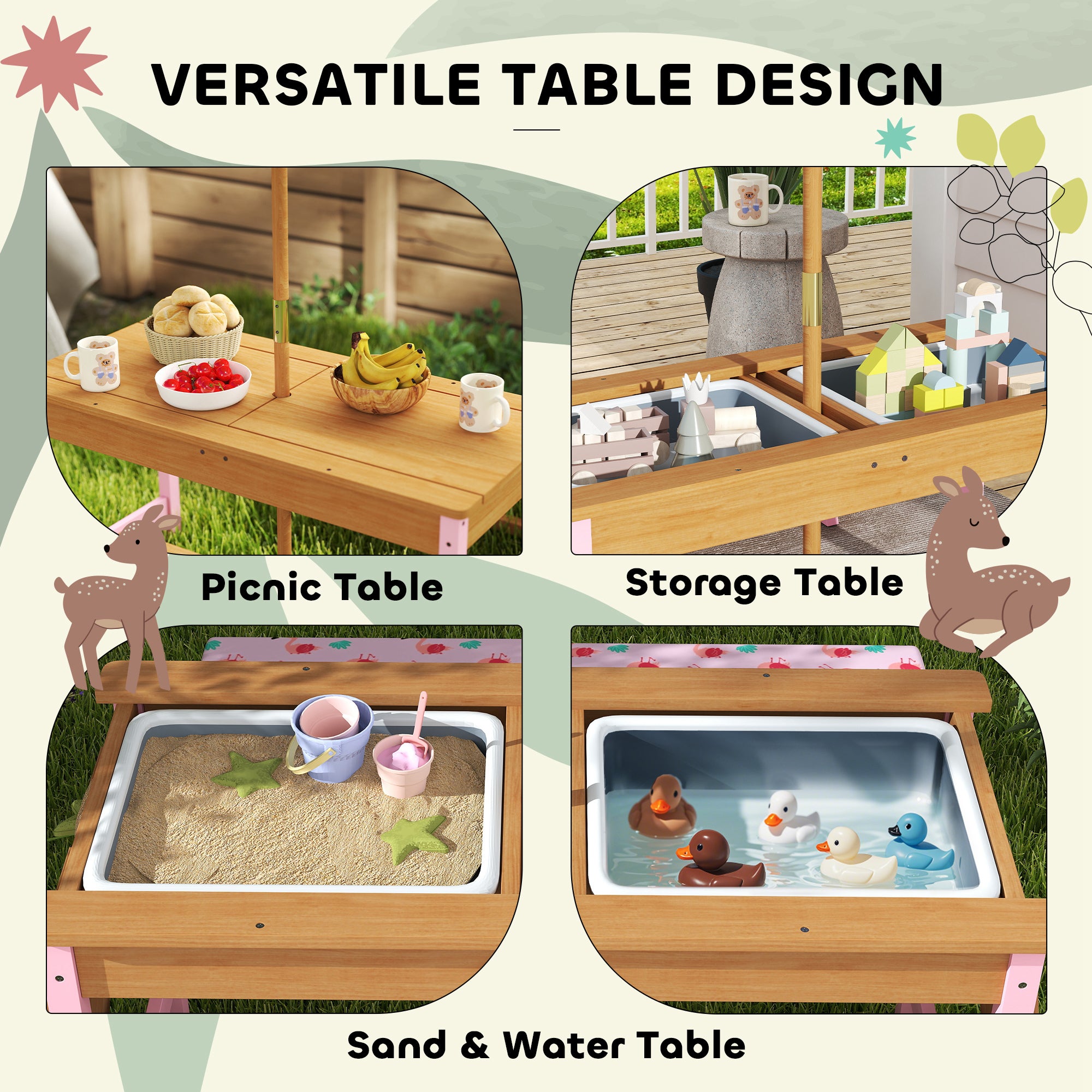 AIYAPLAY Kids Wooden Picnic Table & Bench Set with Umbrella, Pink
