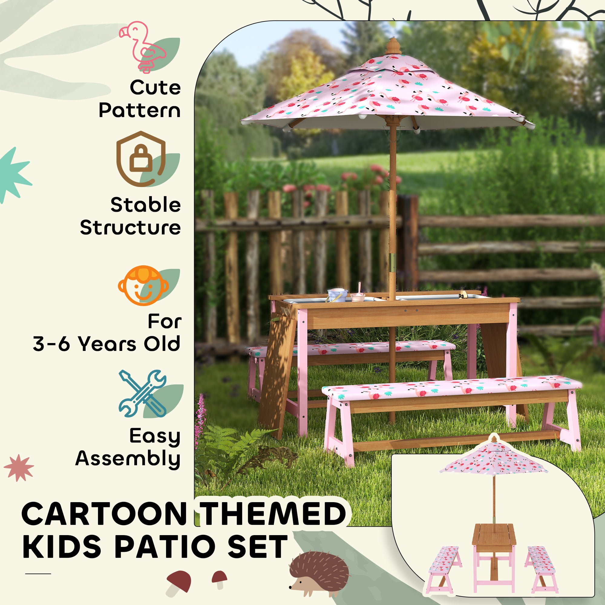 AIYAPLAY Kids Wooden Picnic Table & Bench Set with Umbrella, Pink