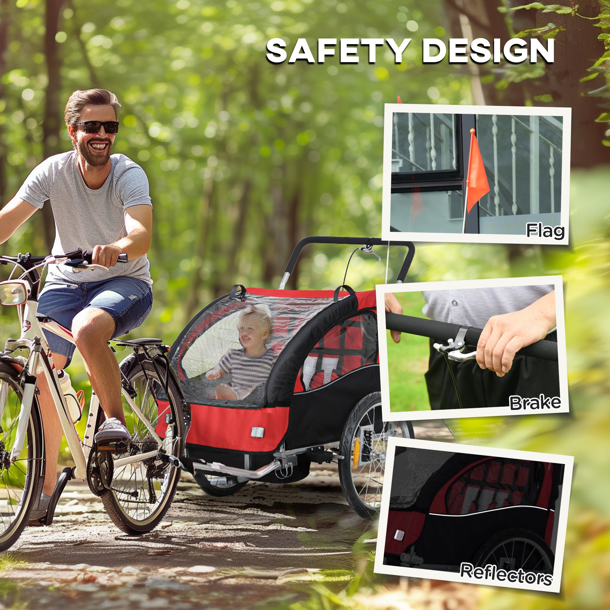 HOMCOM 2-Seater Kids Bike Trailer with 5-Point Harness, Red