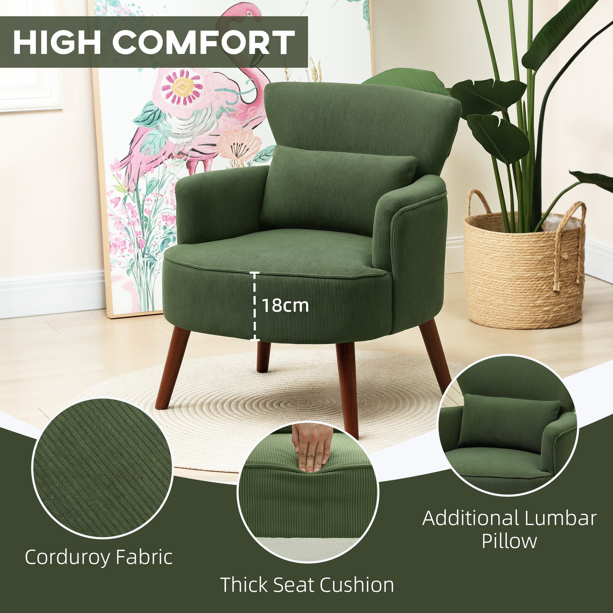 HOMCOM Green Corduroy Wingback Armchair with Pillow