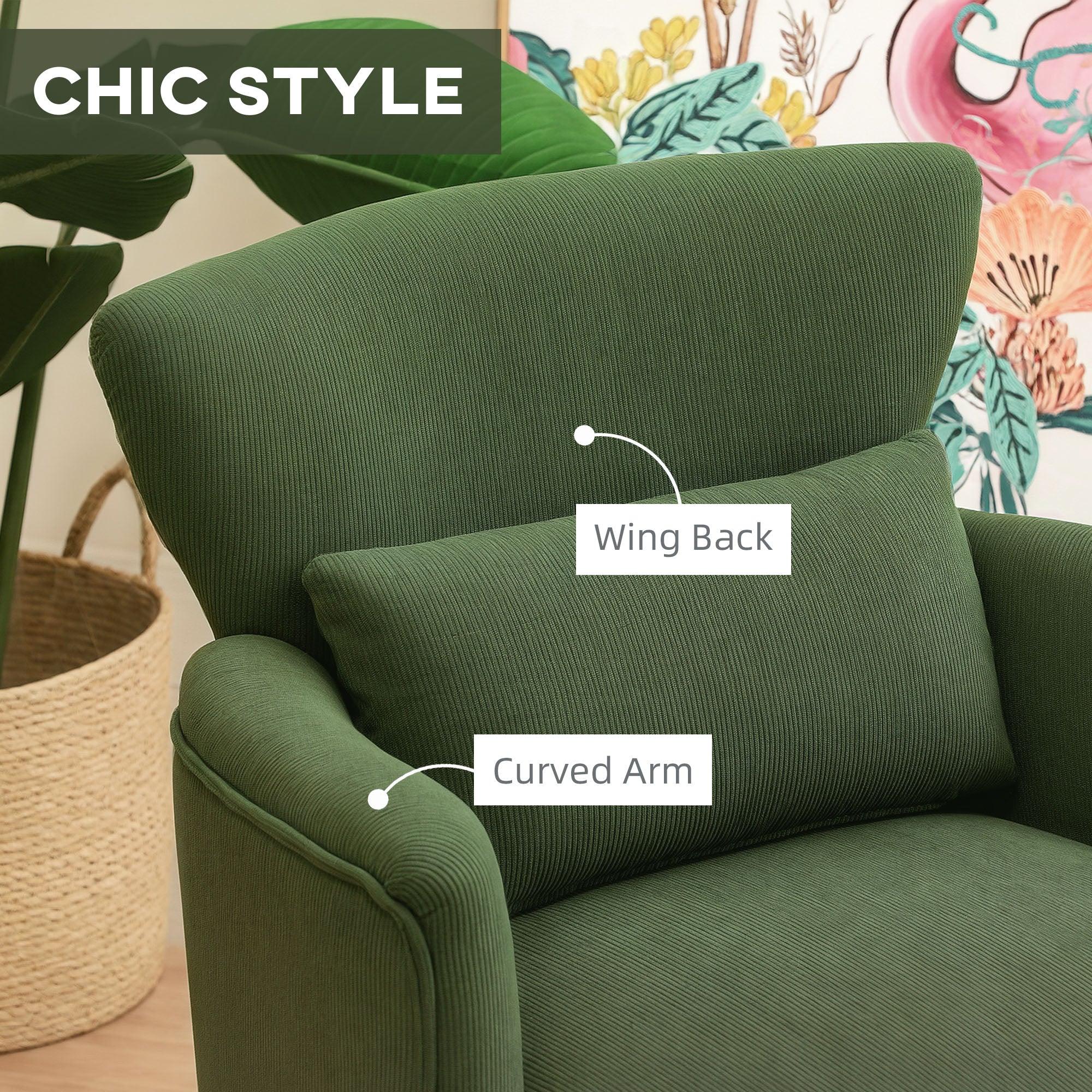 HOMCOM Green Corduroy Wingback Armchair with Pillow