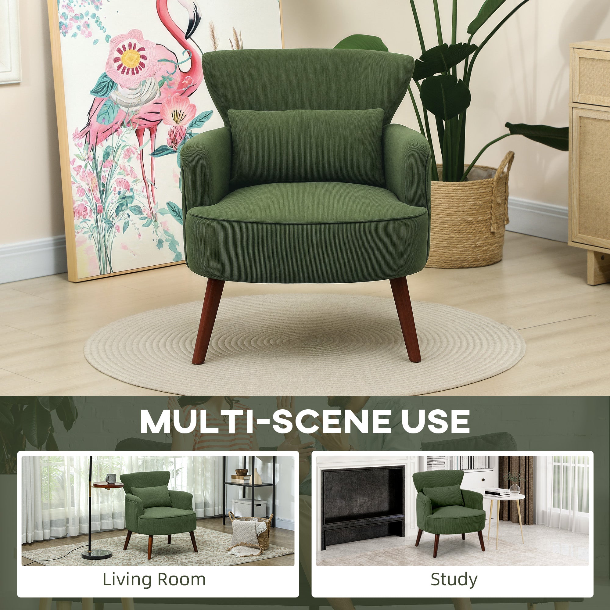 HOMCOM Green Corduroy Wingback Armchair with Pillow
