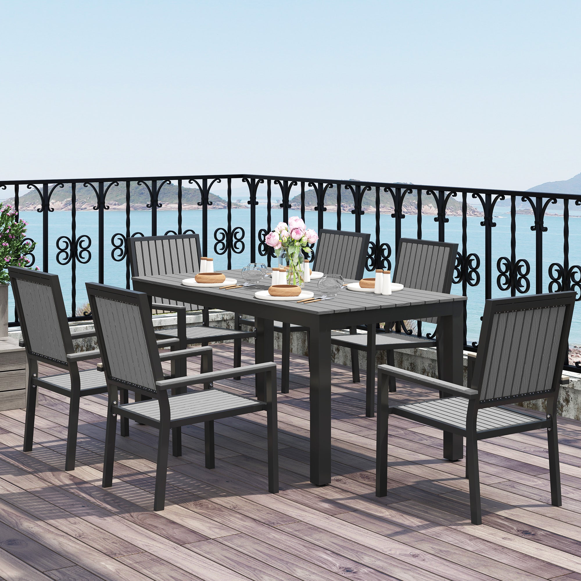 Outsunny 6-Seater Aluminium Garden Dining Set with Stackable Chairs