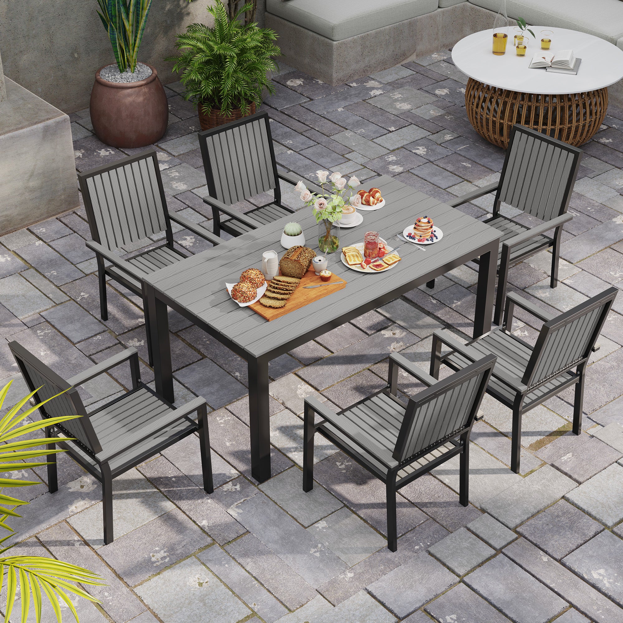 Outsunny 6-Seater Aluminium Garden Dining Set with Stackable Chairs