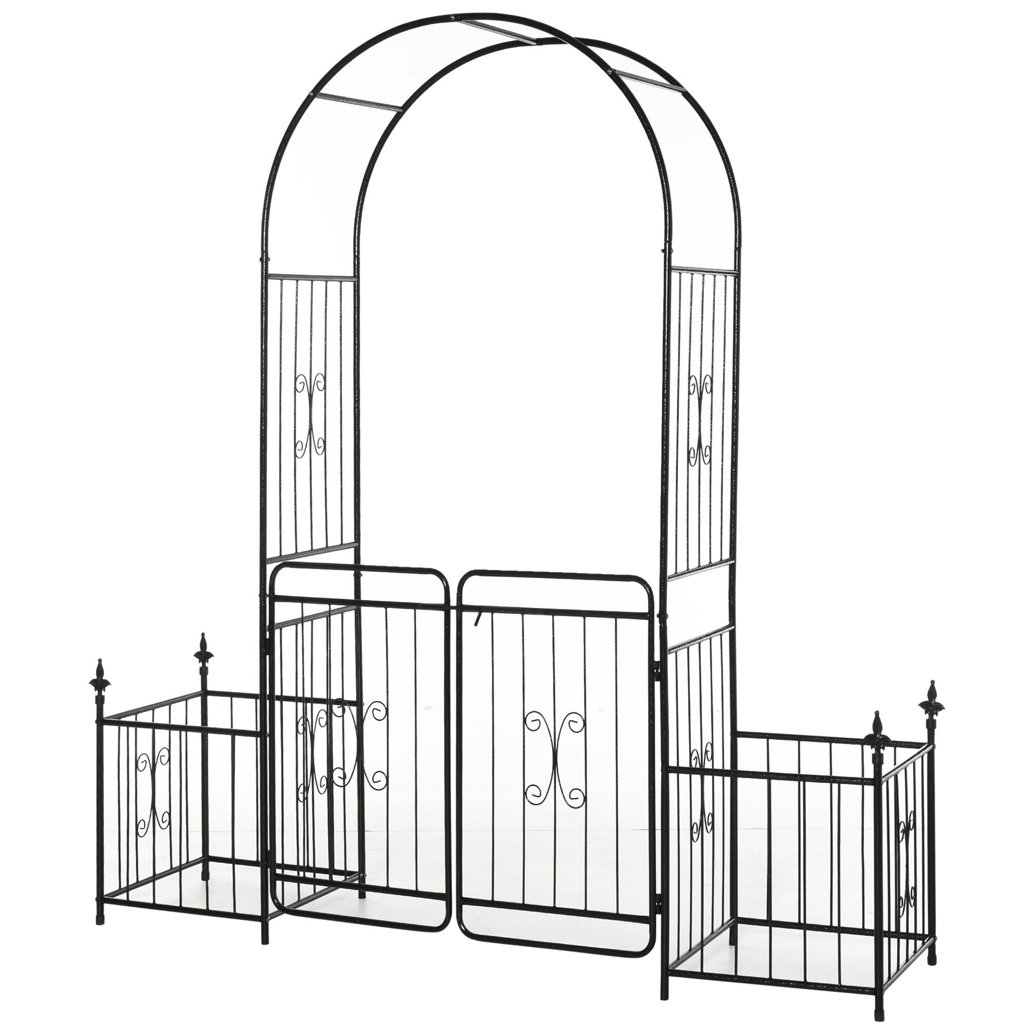 Outsunny Metal Garden Arbor Arch Gate with Side Planter Boxes, Black