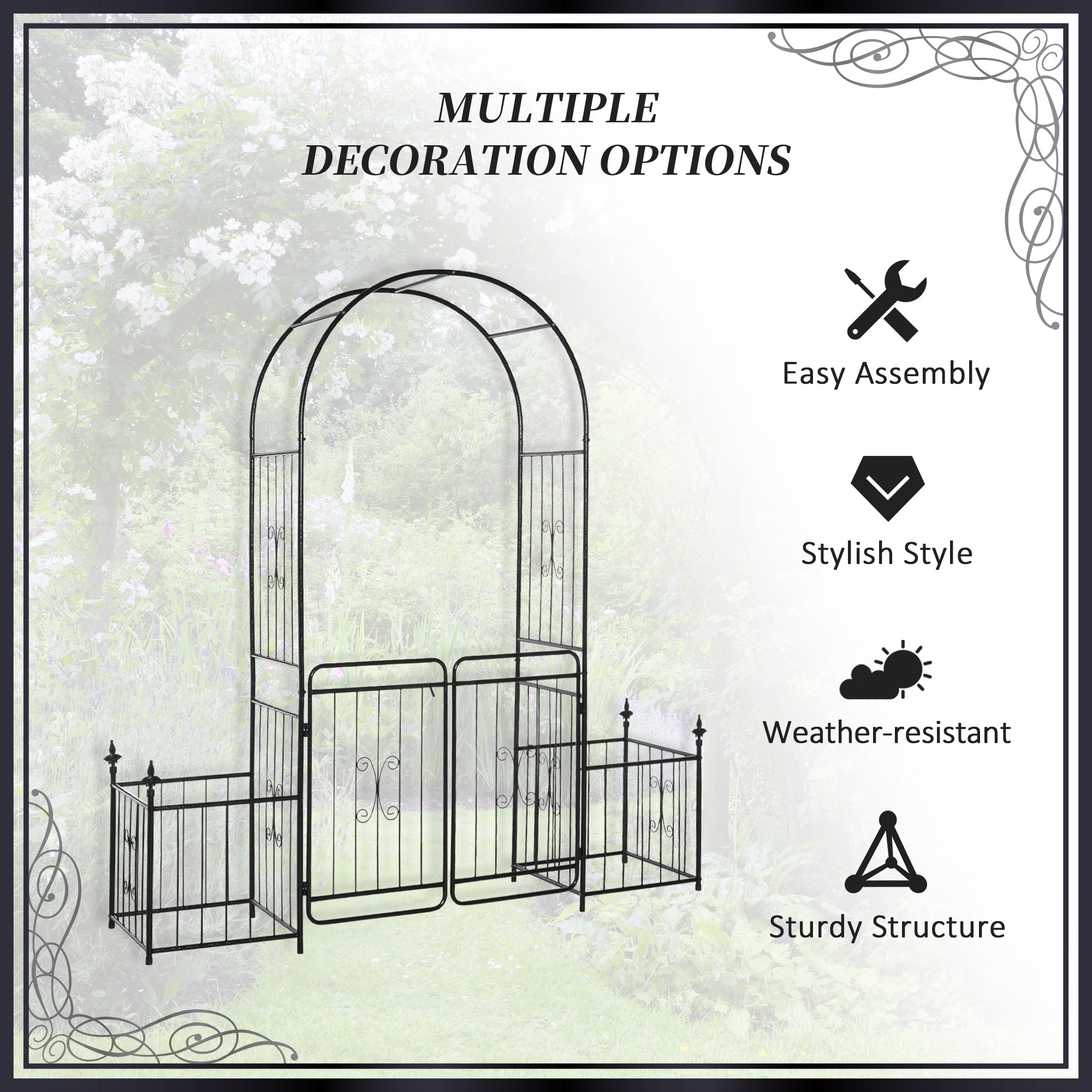 Outsunny Metal Garden Arbor Arch Gate with Side Planter Boxes, Black
