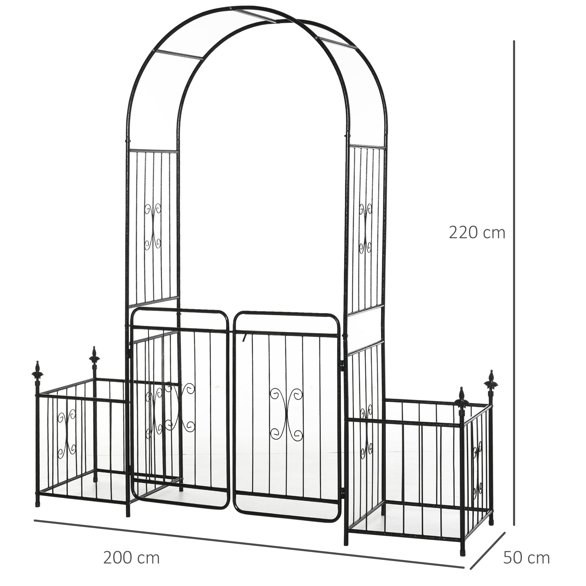 Outsunny Metal Garden Arbor Arch Gate with Side Planter Boxes, Black