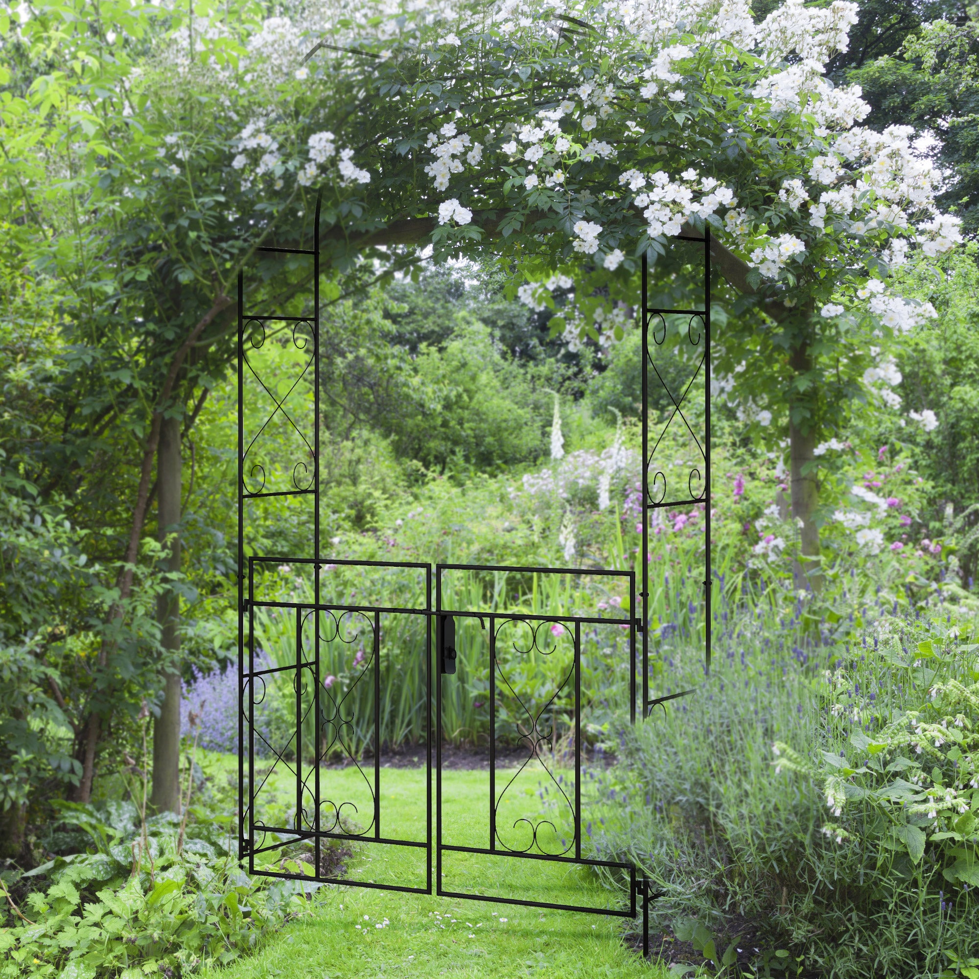 Outsunny Decorative Black Steel Garden Arch with Double Gate