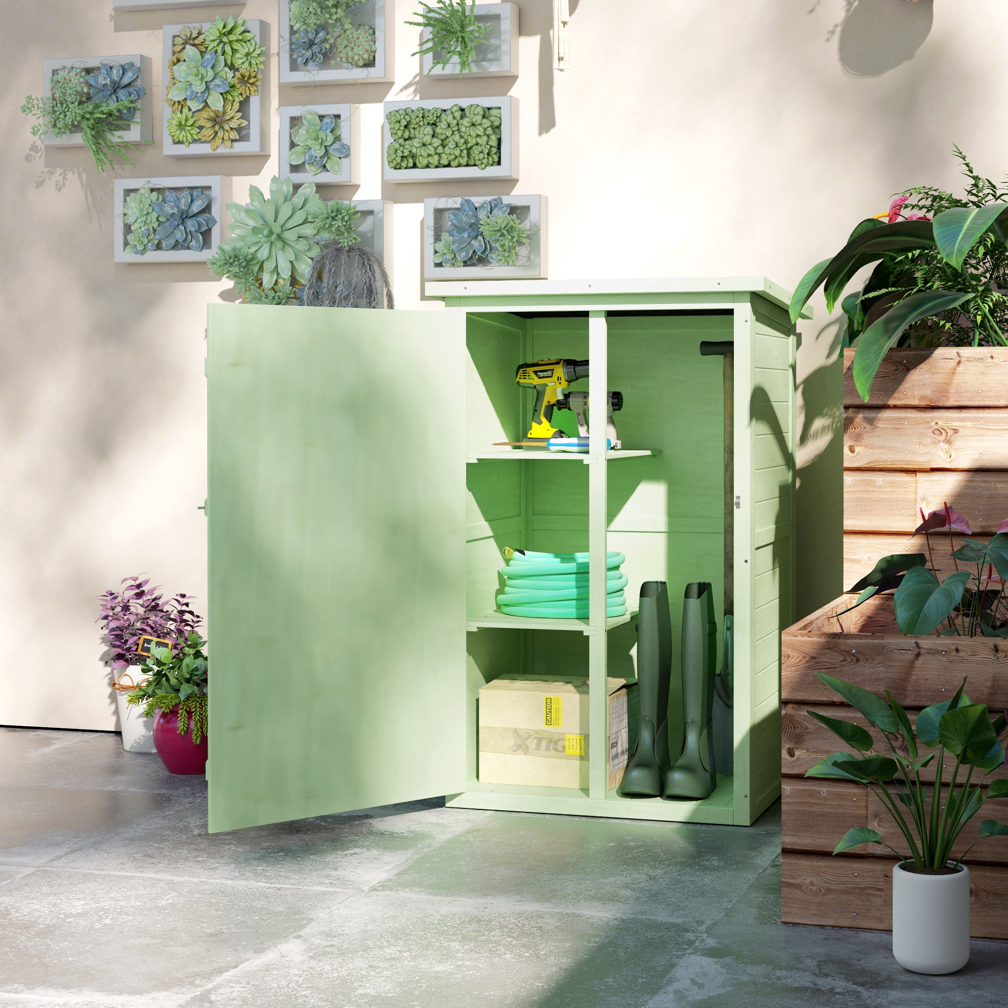 Outsunny Fir Wood Garden Tool Storage Shed with 2 Shelves, Green