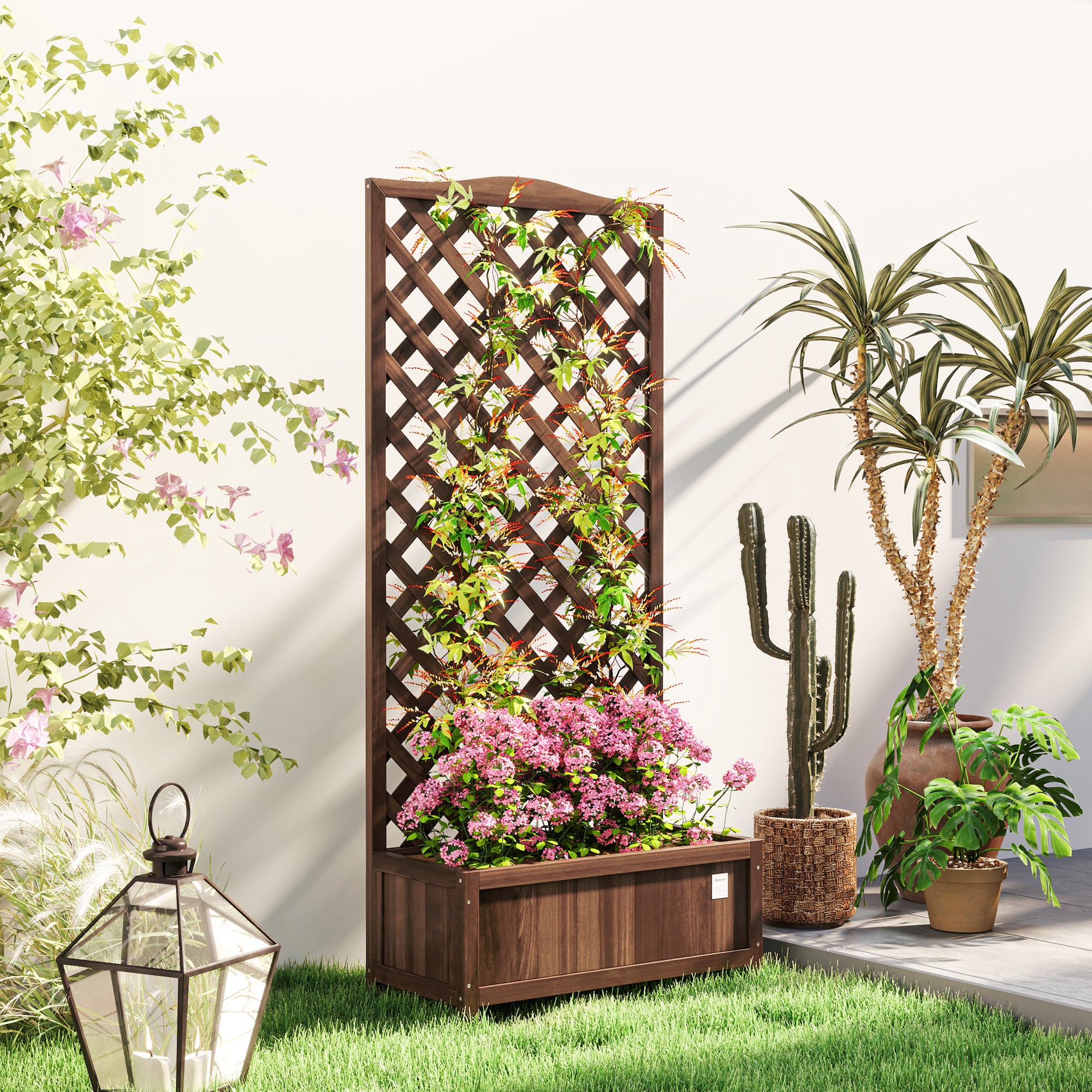 Outsunny Fir Wood Garden Planter Box with Trellis, Dark Brown