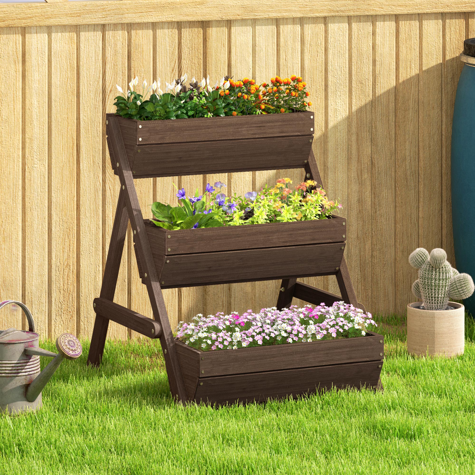 Outsunny 3-Tier Wooden Raised Garden Bed Planter Box, Tan